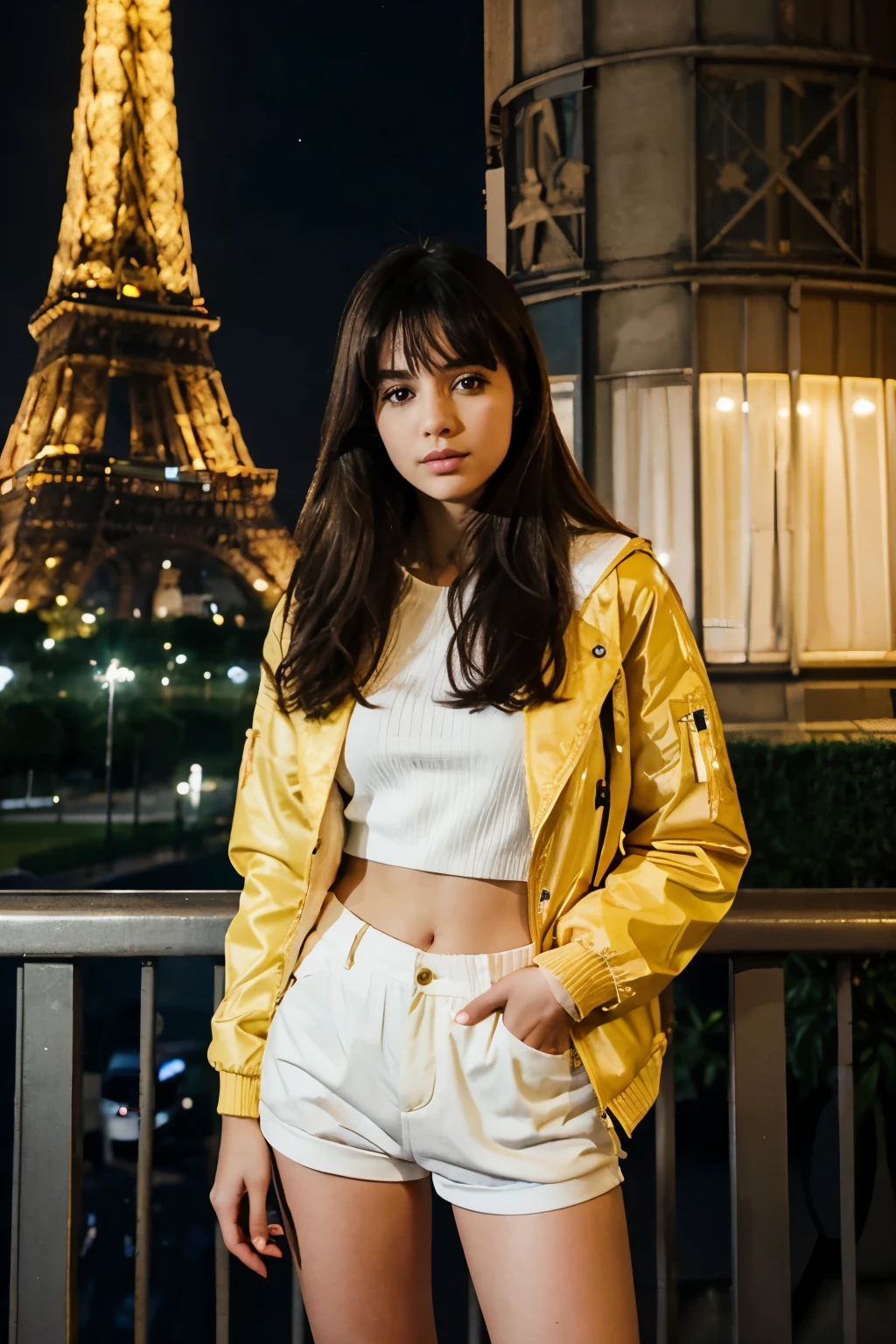 A girl standing in front of Eifel tower in party yellow jacket and white shorts in style of someone capturing from fornt Night view