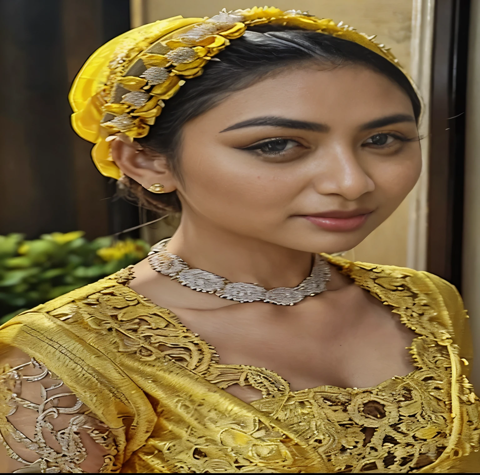RAW, Best quality, high resolution, masterpiece: 1.3), beautiful Malay woman in hijab,Masterpiece, perfect fit body, thick thighs, (Huge breastig gorgeous eyes, Soft smile,((Close Up)),woman in a yellow top kebaya and black skirt standing on a sidewalk, yellow translucent lace, intricate clothing, intricate outfit, yellow ornate dress, with yellow cloths, elegant yellow skin, very beautiful enga style, traditional beauty, intricate clothes, yellow and black, yellow clothes, (((yellow))), wearing an ornate outfit, lace, traditional clothes, yellow, black and yellow, Delicate turtleneck, necklace, shairband, afternoon walk, City garden, Excellent lighting, Bright colors, Clean lines