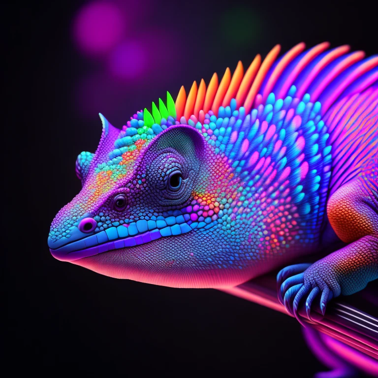 intricate and colorful, (digital painting:1.2) neon chameleon, bright neon skin, wet, portrait, concept art, octane render, trending on artstation, neon-noir background, iolibt, vfx, Blender and Photoshop, octane render, excellent composition, cinematic atmosphere, dynamic dramatic cinematic lighting, aesthetic, very inspirational, arthouse,(dark plain black background:1.4))