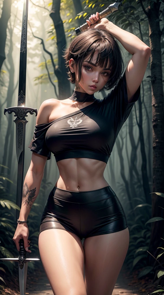 Caucasian woman with short hair down to her shoulders, usando uma camisa grande branca, black panties and white shoes with a sword in his hand, with tattoo on arm in a dark forest at night