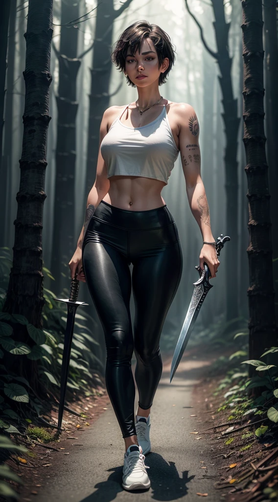 Caucasian woman with short hair down to her shoulders, usando uma camisa grande branca, black leggings and white shoes with a sword in his hand, with tattoo on arm in a dark forest at night