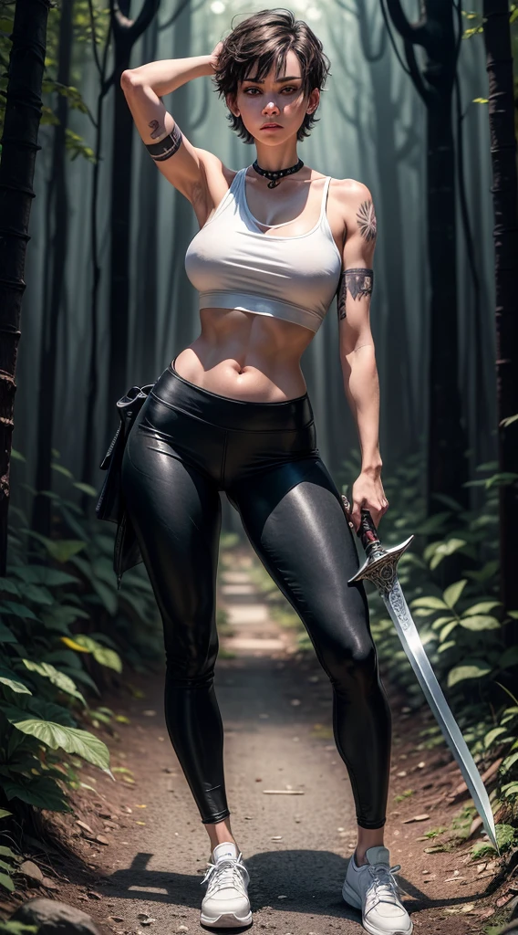 Caucasian woman with short hair down to her shoulders, usando uma camisa grande branca, black leggings and white shoes with a sword in his hand, with tattoo on arm in a dark forest at night