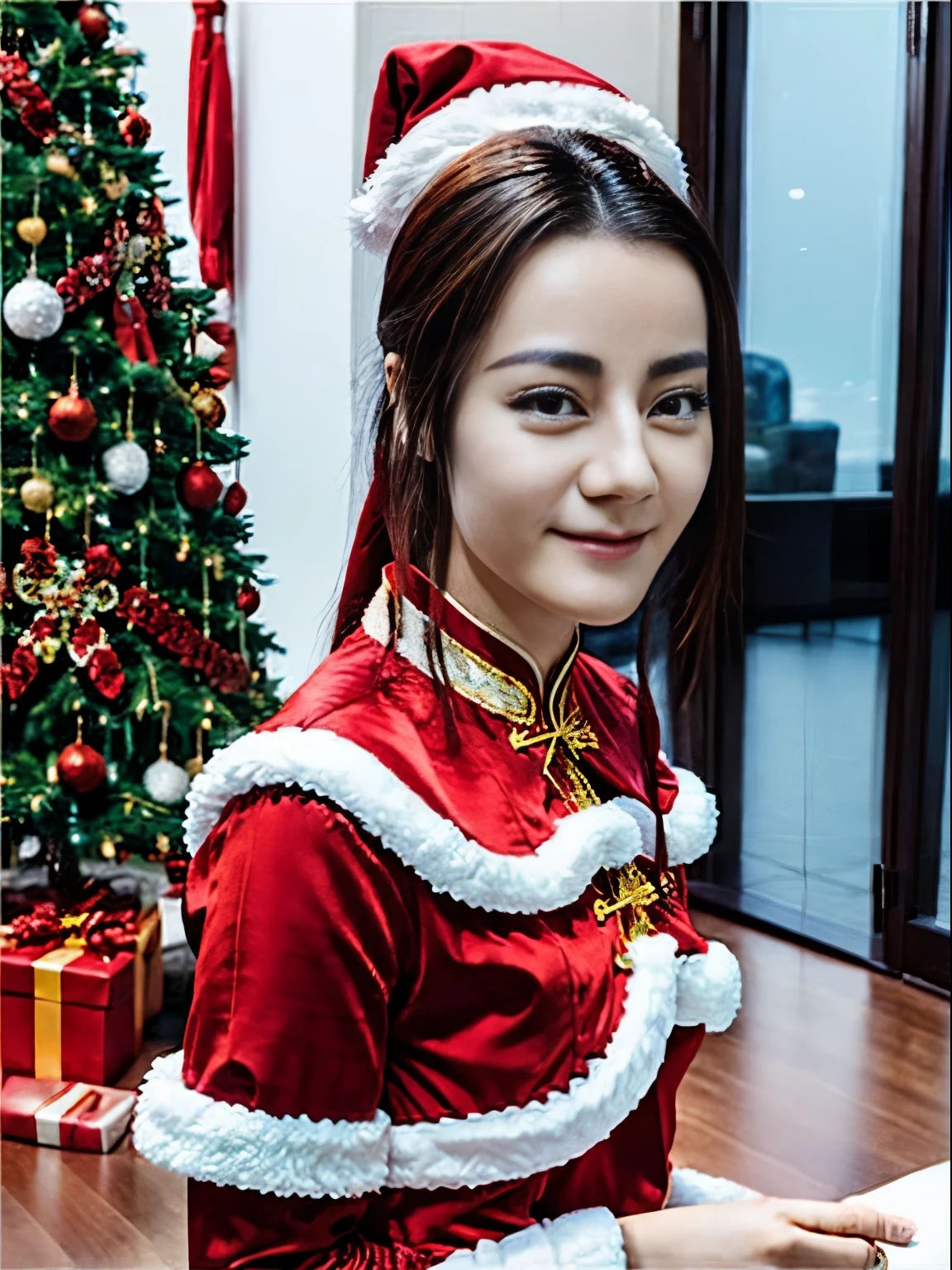 ((Beautiful Chinese Woman))，Asian Women，(Red Santa Claus costume：1.5)，Christmas tree，Christmas atmosphere，Black hair，Photorealsitic，surrealism, F/1.2, 35 mm, Fuji Film, 8K, Super Detail, nffsw, masutepiece, ccurate, Anatomically correct, Textured skin, Super Detail, high details, High quality, Best Quality, hight resolution