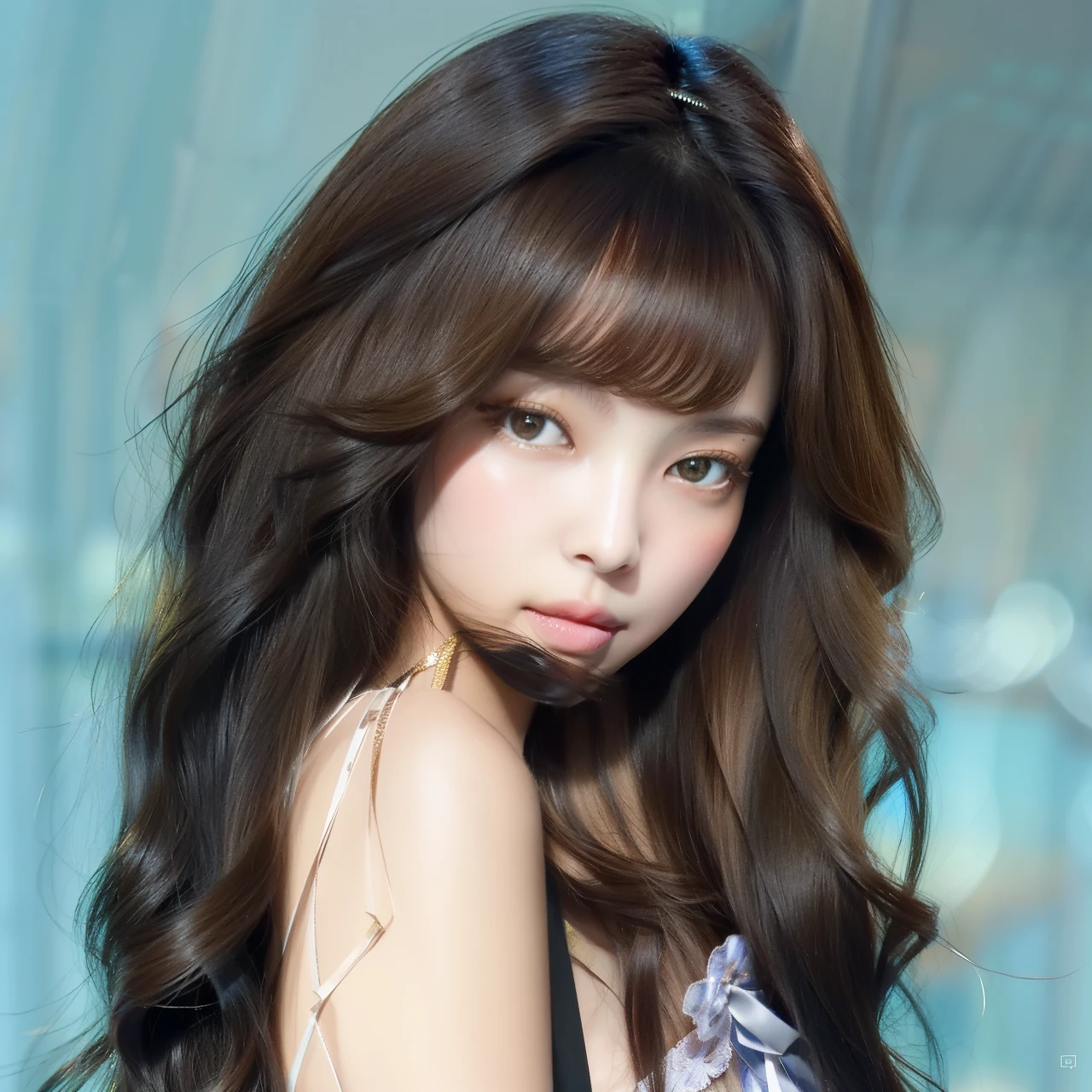 there is a woman with long hair posing for a picture, long hair com franja, long hair com franja completa, black wavy hair com franja, brown long hair com franja, brown hair com franja, franja e cabelos ondulados, franja encaracolado, com franja, cabelos castanhos e franja, com longos cabelos cacheados, franja fofa, com franja completa, neat hair com franja