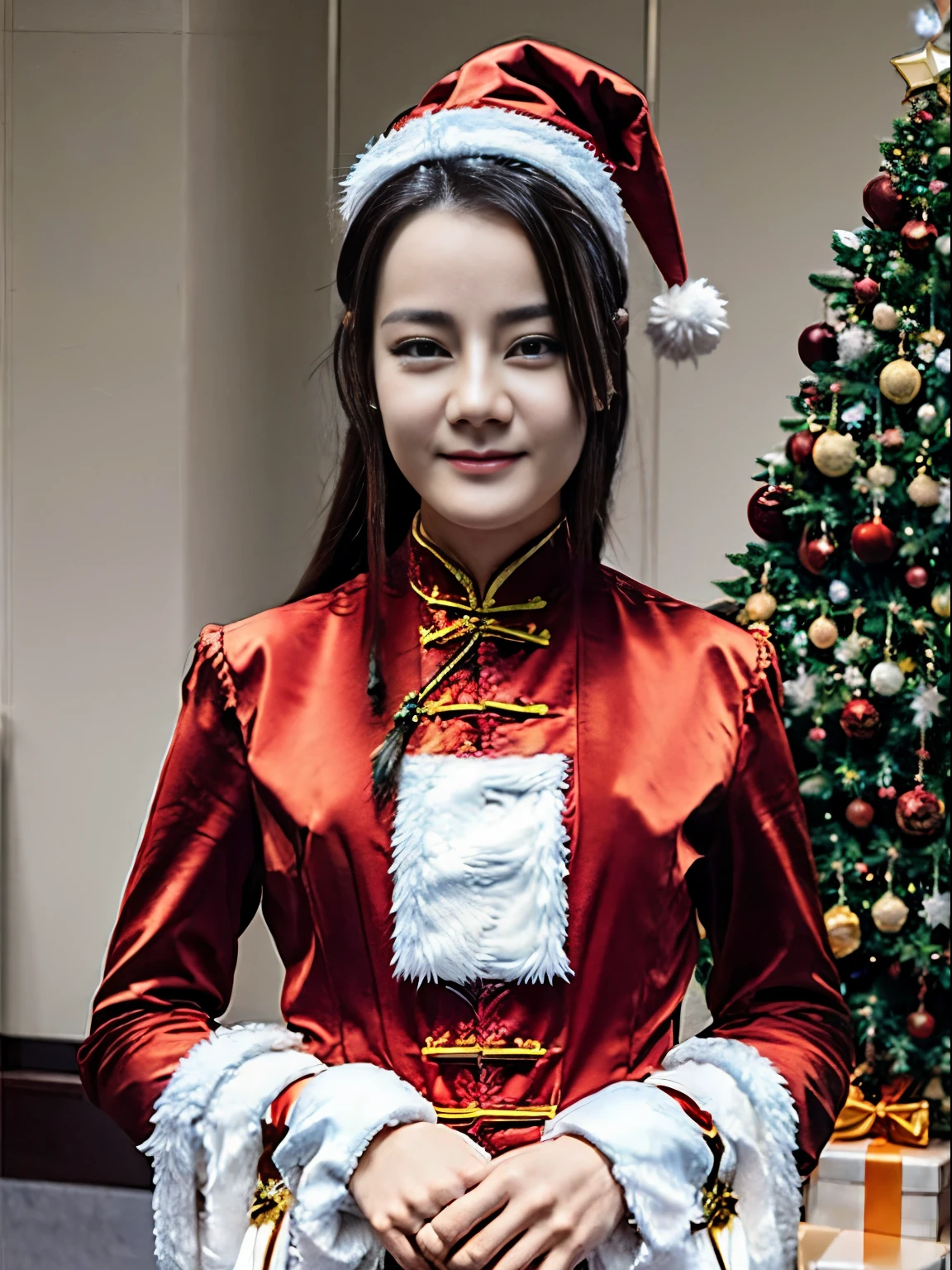 ((Beautiful Chinese Woman))，Asian Women，(Red Santa Claus costume：1.5)，Christmas tree，Christmas atmosphere，Black hair，Photorealsitic，surrealism, F/1.2, 35 mm, Fuji Film, 8K, Super Detail, nffsw, masutepiece, ccurate, Anatomically correct, Textured skin, Super Detail, high details, High quality, Best Quality, hight resolution