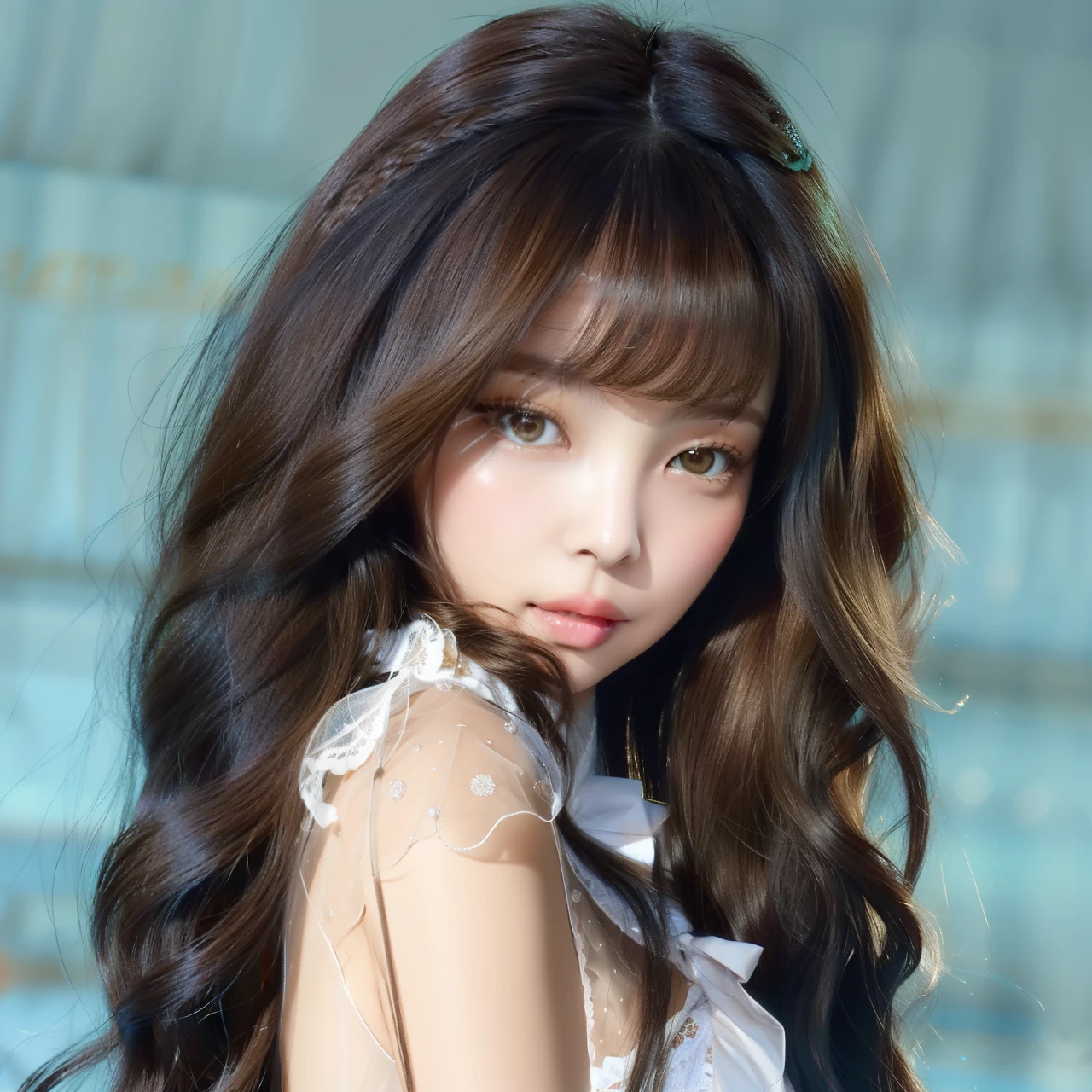 there is a woman with long hair posing for a picture, long hair com franja, long hair com franja completa, black wavy hair com franja, brown long hair com franja, brown hair com franja, franja e cabelos ondulados, franja encaracolado, com franja, cabelos castanhos e franja, com longos cabelos cacheados, franja fofa, com franja completa, neat hair com franja