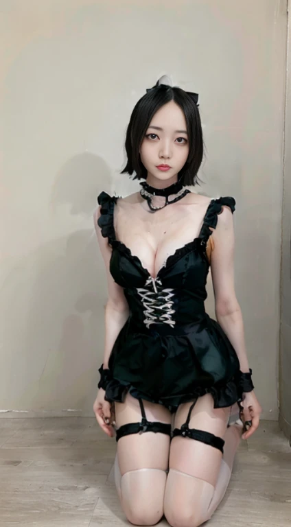 Goth  costume:1.9、Ahegao、short-hair、｟Colossal tits:1.2｠,｟Skin revealing｠、absolutely outstanding image, very extremely beautiful、​masterpiece, top-quality,a picture, kawaii、8K、In the church of Gothic architecture、Black underwear、Naked 1.3、Composition of the whole body 1.5、Crouching、goddes、美丽的面容
