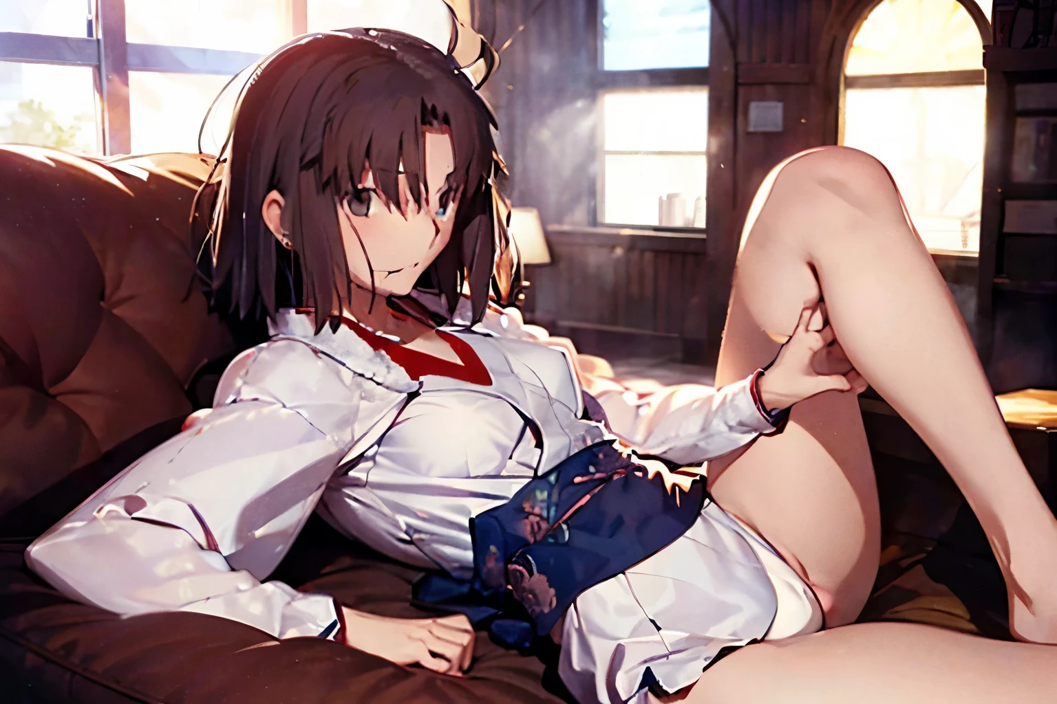 naked anime girl poses and puts her feet on a red couch, 1girl, ryougi shiki, nipples, pussy, solo, nude, blush, navel, short hair, uncensored, breasts, spread legs, small breasts, brown eyes, clitoris, ribs, bangs