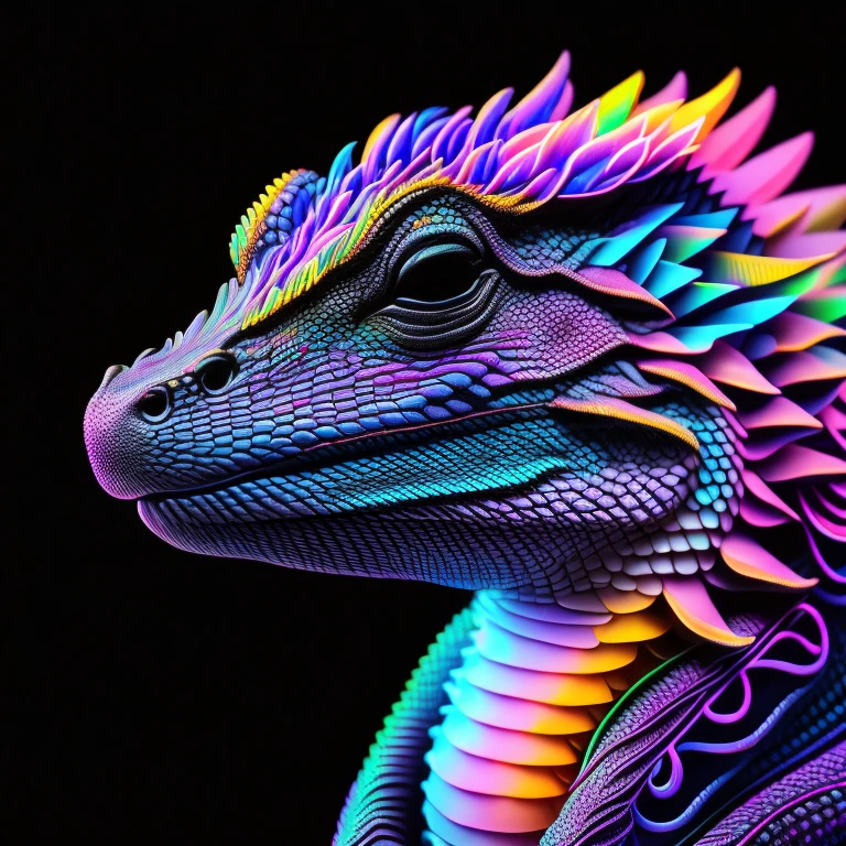 intricate and colorful, (digital painting:1.2) neon bearded dragon, bright neon skin, wet, portrait, concept art, octane render, trending on artstation, neon-noir background, iolibt, vfx, Blender and Photoshop, octane render, excellent composition, cinematic atmosphere, dynamic dramatic cinematic lighting, aesthetic, very inspirational, arthouse,(dark plain black background:1.4))
