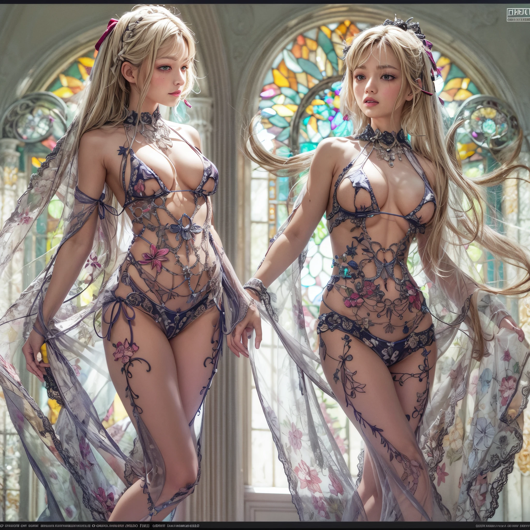 ( Masterpiece:1.25, exposed:1.2, White and vivid colors, Acutance),{ navel | pretty | Detailed open crotch | Delicate lace knitted wear }, (tiny junior idol:1.28), ((face variations)), portrayed in the best quality and high resolution. The image should be ultra-detailed, ( realistic, and photorealistic with a touch of rawness ). under the mesmerizing back lighting, (Dazzling and delicate stained glass Background). (concept art). enhancing the overall visual impact. Whole Body proportions and all limbs are anatomically accurate, (nip.9) .