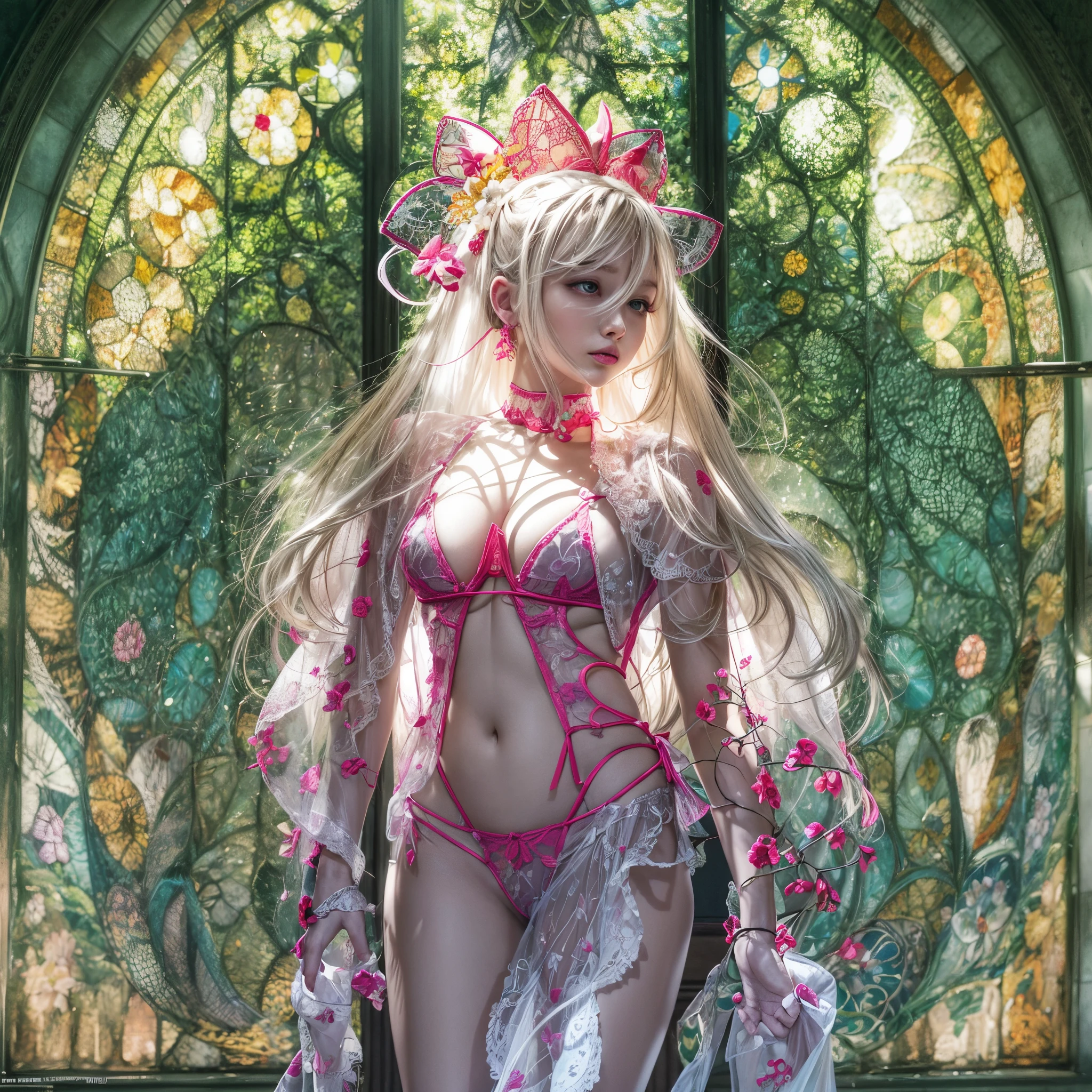 ( Masterpiece:1.25, exposed:1.2, White and vivid colors, Acutance),{ navel | pretty Ass | Detailed open crotch | Delicate lace knitted wear },  (tiny junior idol:1.28), ((face variations)), portrayed in the best quality and high resolution. The image should be ultra-detailed, ( realistic, and photorealistic with a touch of rawness ). under the mesmerizing back lighting, (Dazzling and delicate stained glass Background). (concept art). enhancing the overall visual impact. Whole Body proportions and all limbs are anatomically accurate, (nipple:-0.9) .