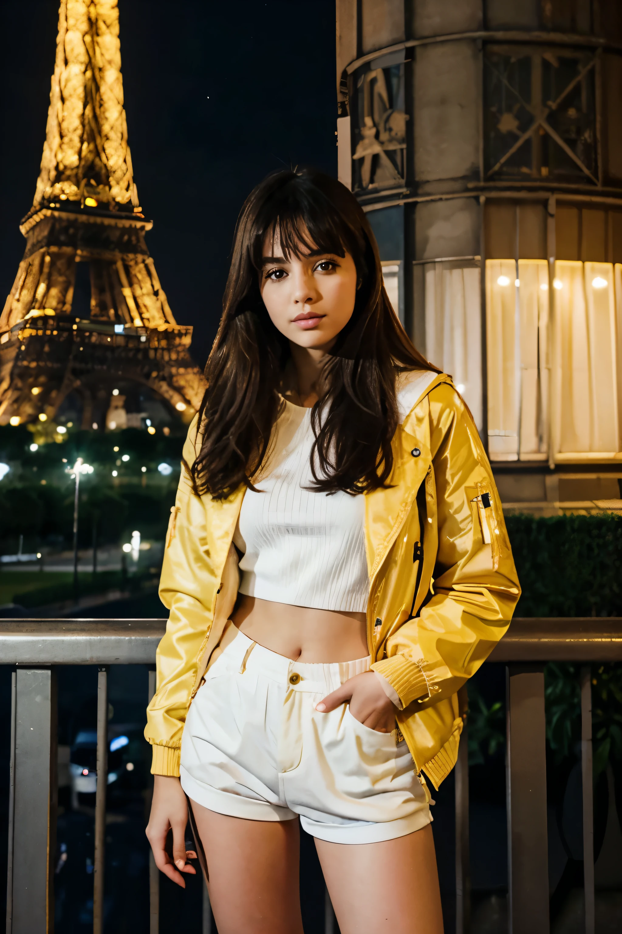 A girl standing in front of Eifel tower in party yellow jacket and white shorts in style of someone capturing from fornt Night view