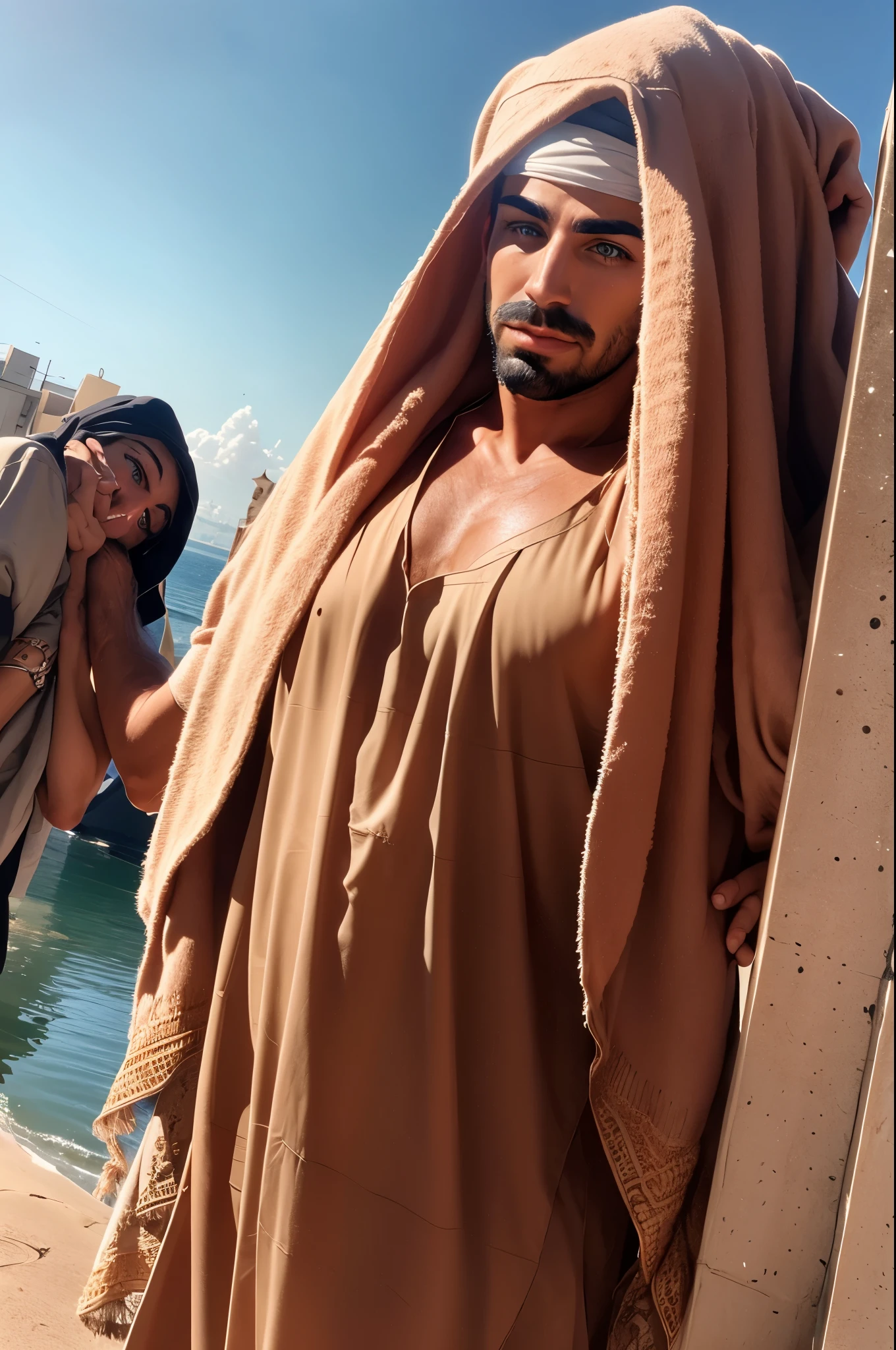 faaris azura, arabic fashion, arabic style, thobe, turban, close up