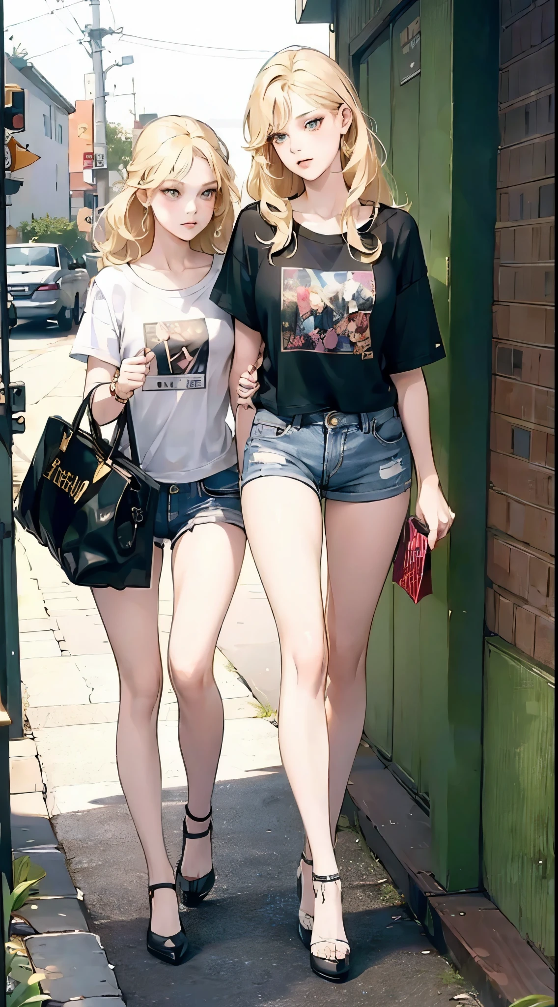 In a casual setting, Isabella and Seraphina are seen enjoying a shopping spree. Isabella, in her chic and trendy outfit, looks effortlessly charming. She is wearing a fitted t-shirt paired with jeans that accentuate her slender, model-like figure. Her blonde hair cascades in natural waves, adding a touch of glamour to her overall look. Her captivating blue eyes, filled with a spark of mischief, hint at her intelligence and cunning. Beside her, Seraphina stands out in her figure-hugging sequin ensemble that shimmers subtly. Her long, wavy hair frames her youthful face, complementing her radiant eyes that exude intelligence and curiosity. Her outfit, although casual, has an air of elegance, reflecting her wealth and status. Together, they make a striking pair, their contrasting personalities evident in their distinct styles. The image perfectly captures their unique relationship and the complexity of their characters, as they navigate their day amidst the hustle and bustle of a shopping spree.