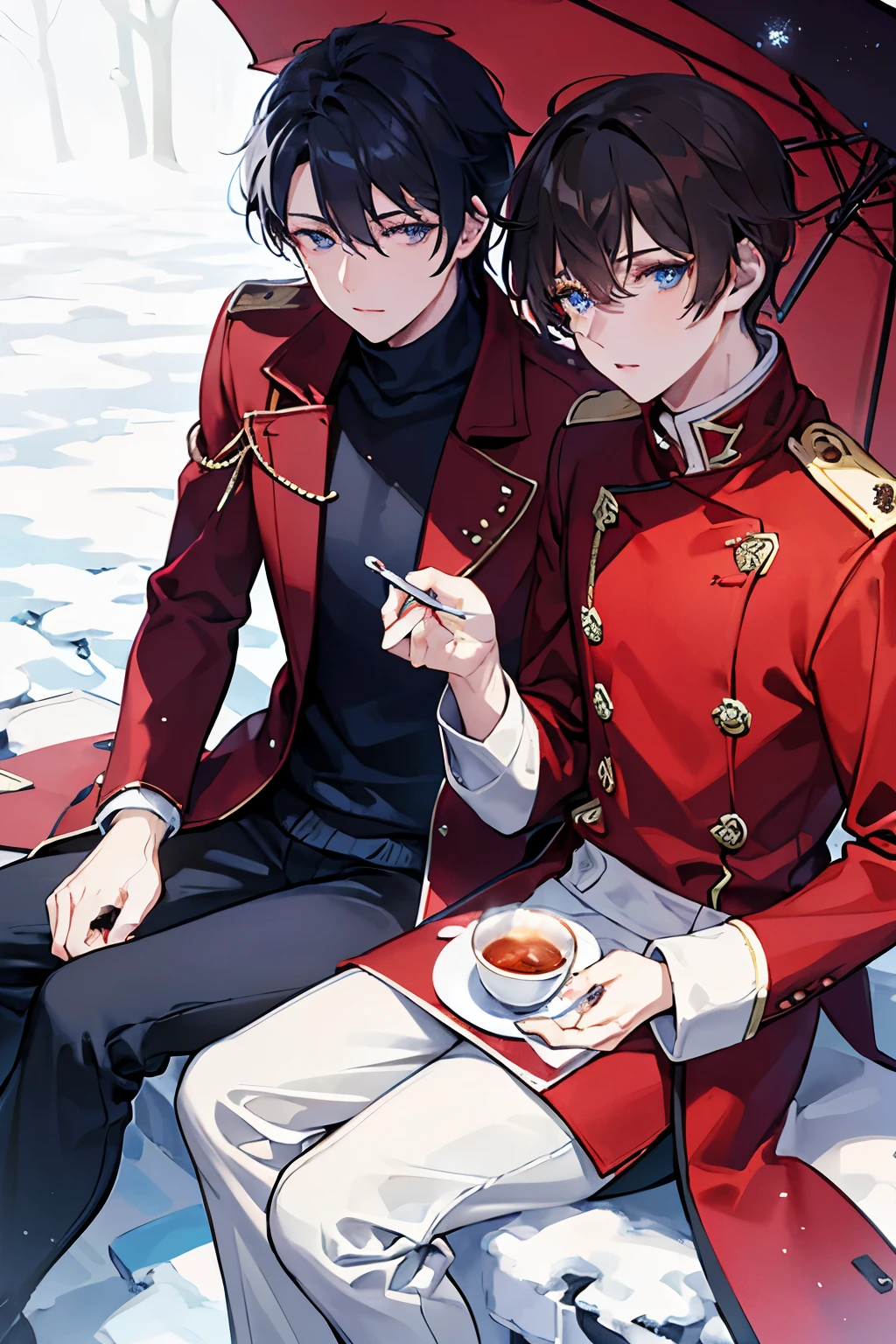 male people A dark-haired blue eyess Red coat Sweaters slacks long boots cake and tea In the snow forest masterpiece Top image quality denoise Clear cinematic shadow Increased attractiveness of the eyes Clear the shine of the eyes Draw eyelashes neatly Perfect Eye A detailed eye Sharpen image quality Sharpen eye writing Clear eye shape