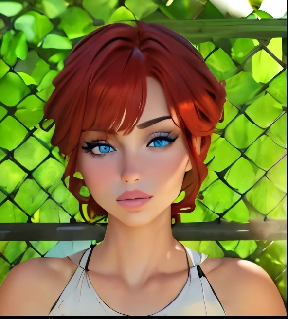 (best quality,4k,8k,highres,masterpiece:1.2),ultra-detailed,realistic, HDR, studio lighting, vivid colors, bokeh, oil painting, [beautiful girl],[red hair,blue eyes], [prominent cheekbones], [succulent full lips], [long eyelashes], [smooth radiant skin], [tanned], [defined jawline], standing in front of a fence, semirealistic style