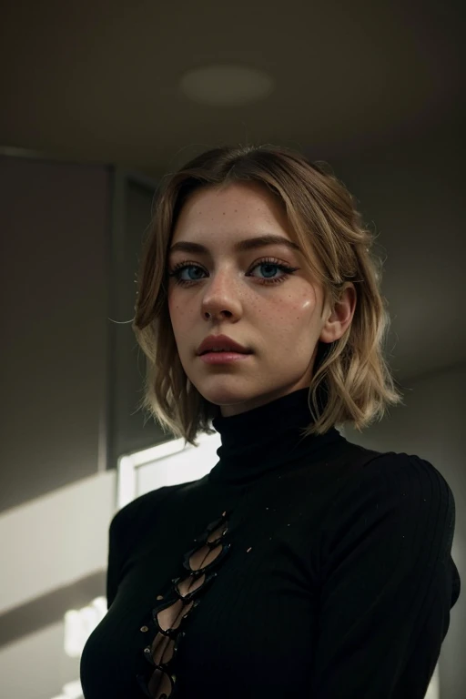 1 woman, blonde hair, green eyes, long eyelashes, A stunning and intricate full color portrait of (SKS Woman:1), wearing a black turtleneck, epic character composition, By Ilya Kuvshinov, Placeholder by Alessio Albi , Nina Masic, Sharp focus, Daylighting, Subsurface scattering, F2, 35mm, film grain,