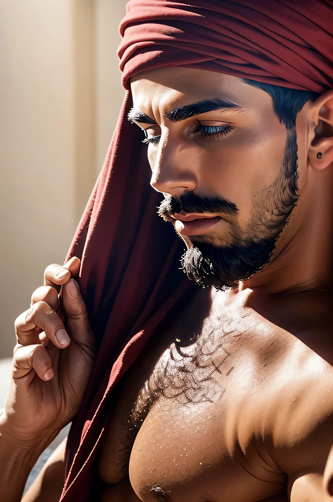 faaris azura, arabic fashion, arabic style, thobe, turban, close up, temple