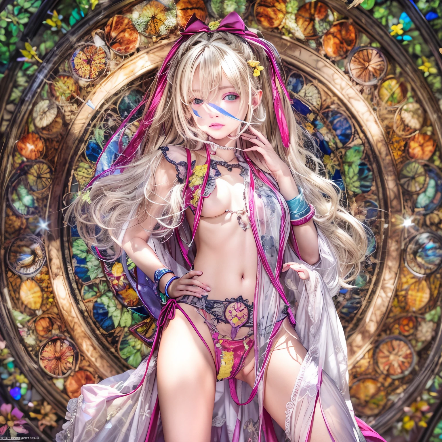 ( Masterpiece:1.25, exposed:1.2, White and vivid colors, Acutance),{ navel | pretty Ass | Detailed open crotch | Delicate lace knitted wear }, (tiny junior idol:1.28), ((face variations)), portrayed in the best quality and high resolution. The image should be ultra-detailed, ( realistic, and photorealistic with a touch of rawness ). under the mesmerizing back lighting, (Dazzling and delicate stained glass Background). (concept art). enhancing the overall visual impact. Whole Body proportions and all limbs are anatomically accurate, (nipple:-0.9) .