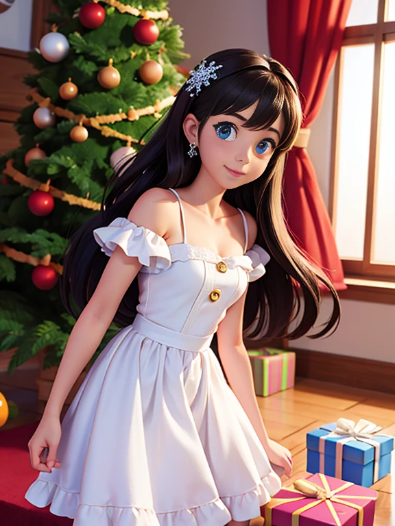 Super realistic 8K UHD image (((Obra maestra))), (((La mejor calidad))), ((Ultra Definition)), of a beautiful and smiling Disney girl in 3D, ojos azules. cabello rosado. Small white dress, opening Christmas presents next to the tree in the living room, 1 chica emocionada, cara bonita y brillante