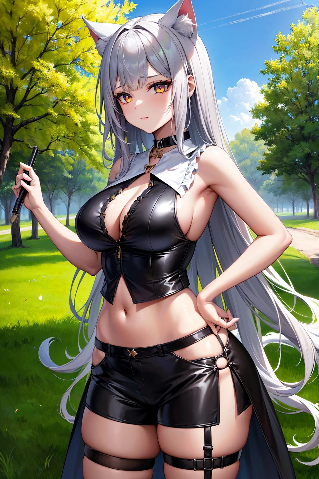 high resolution, (masterpiece), 4k, (high detail), portrait, ((1girl)), ((cat ears)), (((detailed back length wavy silver hair))), ((crossed bangs hairstyle)), (multicolor hair), ((black front hair)), ((golden eyes)), (((slit pupils))), (medium breasts), wide hips, (((white cat tail))), ((choker with green gem)), (((sleeveless brown vest with sternum strap))), (exposed navel), (((black shorts))), wry expression, (standing), evening, grassy field, trees, orange sky, stars