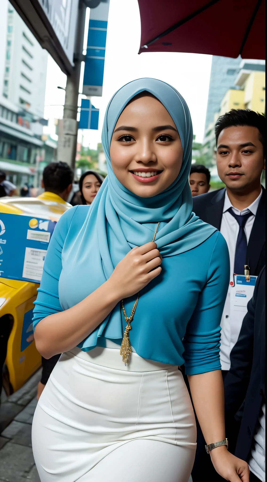 Malay girl long white hijab , wear sexy pastel blue office outfit, suits, smiling, wear gold necklace, front view, windy, detail skin, age spot, detail skin texture, mole below eyes, wide hips, thick thighs, beautiful body, morning, laughing, happy, bright lighting, people in background, nighttime, blur background, bokeh, location: kuala lumpur city street