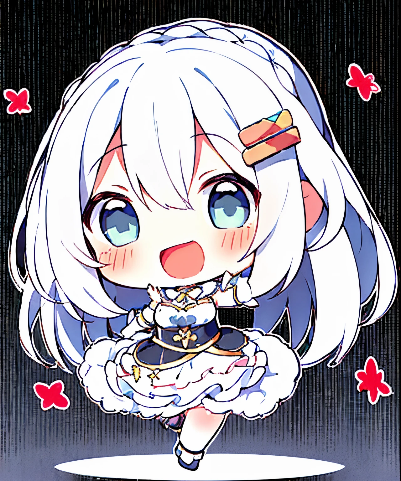 1girl, (chibi:1.3),
full body
looking at viewer, blush, smile, :d, open mouth
 girl dancing, white hair,
looking at viewer,