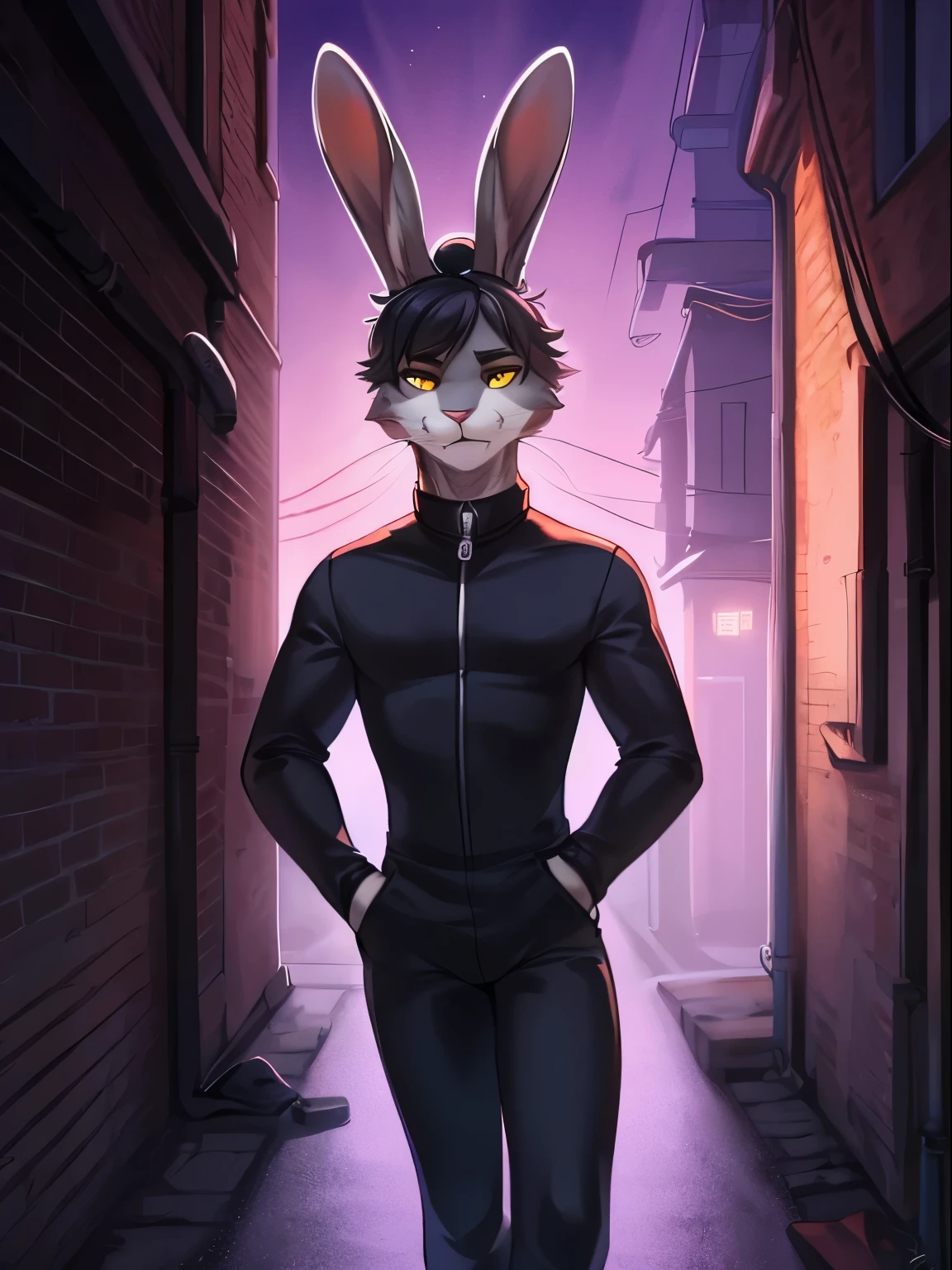 by spuydjeks, by danza, by bebebebebe, by lostgoose, solo, male, slim, weak, (rabbit, hare, snout, big rabbit ears), (((grey fur))), black hair, (updo, hair bun), (black bodysuit, long sleeves), yellow eyes, standing, alley, evening, purple sky, dramatic lighting, short, fullbody view, buck teeth, bent whiskers, bored expression, tired eyes, bags under eyes, stubbly, scratchy fur, short