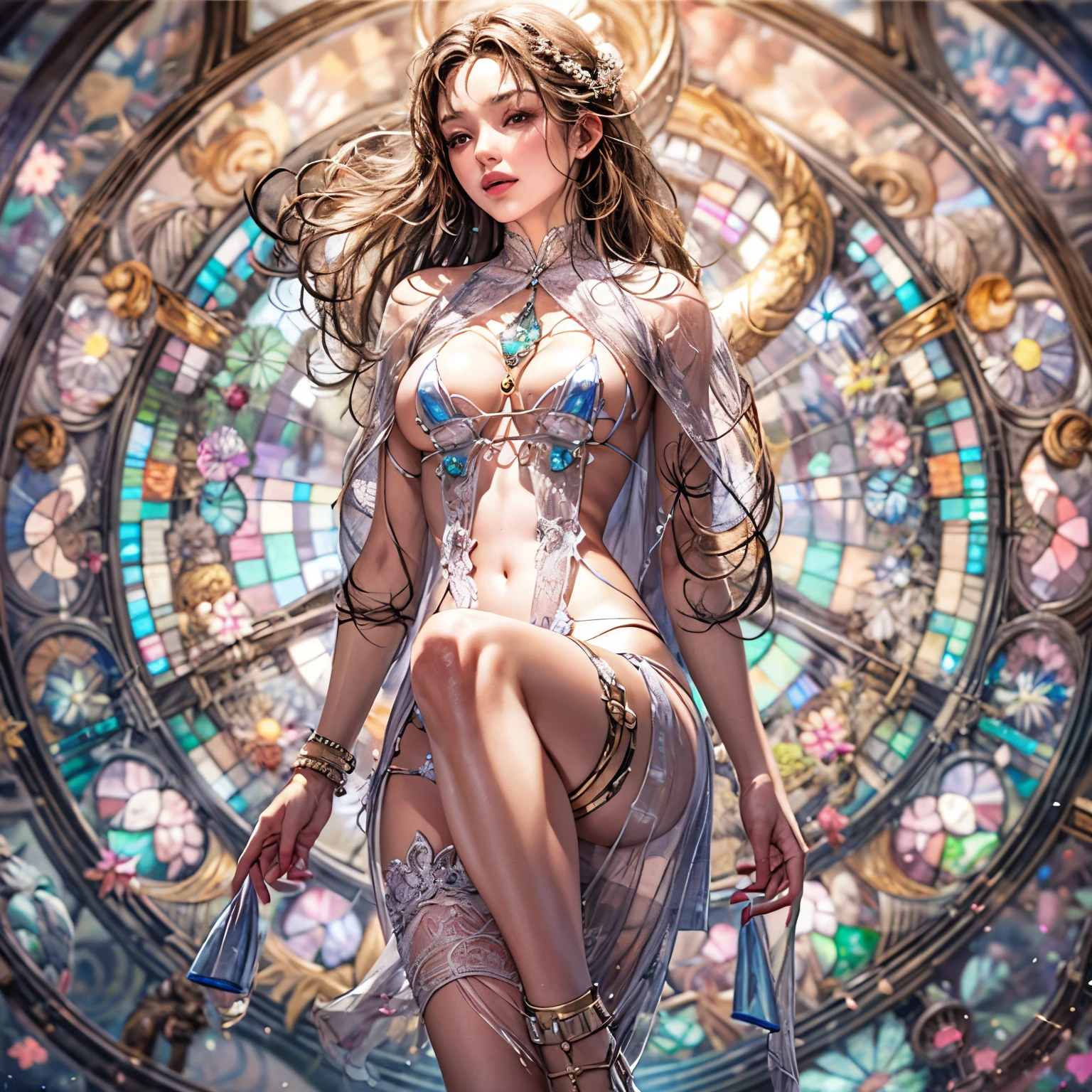 ( Masterpiece:1.25, exposed:1.2, White and vivid colors, Acutance),{ navel | pretty Ass | Detailed open crotch | Delicate lace knitted wear },  (tiny junior idol:1.28), ((face variations)), portrayed in the best quality and high resolution. The image should be ultra-detailed, ( realistic, and photorealistic with a touch of rawness ). under the mesmerizing back lighting, (Dazzling and delicate stained glass Background). (concept art). enhancing the overall visual impact. Whole Body proportions and all limbs are anatomically accurate, (nipple:-0.9) .
