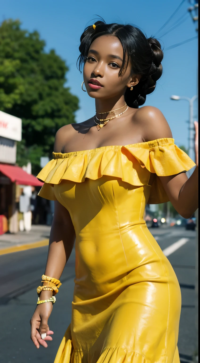 a Jamaican ebony woman posing on the street corner with orange dress on, best quality, 1girl, large breast, day, bright, blur background, bokeh, outdoor, (street:0.8), (people, crowds:0.8), (off-shoulder dress:1.2), gorgeous, (braided bangs:1.2), beautiful detailed sky, (dynamic pose:1.2), soft lighting, wind, shiny skin, (upper body:0.8), (freckles:0.8), mole under mouth,