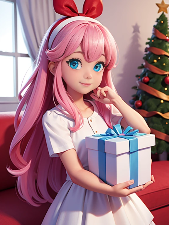 Super realistic 8K UHD image (((Masterpiece))), (((Best quality))), ((ultra definition)), of a beautiful and smiling 3d Disney girl, blue eyes. pink hair. little white dress, opening Christmas presents next to the tree in the living room, 1 excited girl, bright pretty face