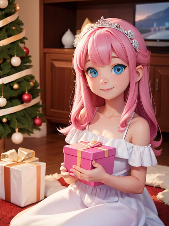 Super realistic 8K UHD image (((Masterpiece))), (((Best quality))), ((ultra definition)), of a beautiful and smiling 3d Disney girl, blue eyes. pink hair. little white dress, opening Christmas presents next to the tree in the living room, 1 excited girl, bright pretty face