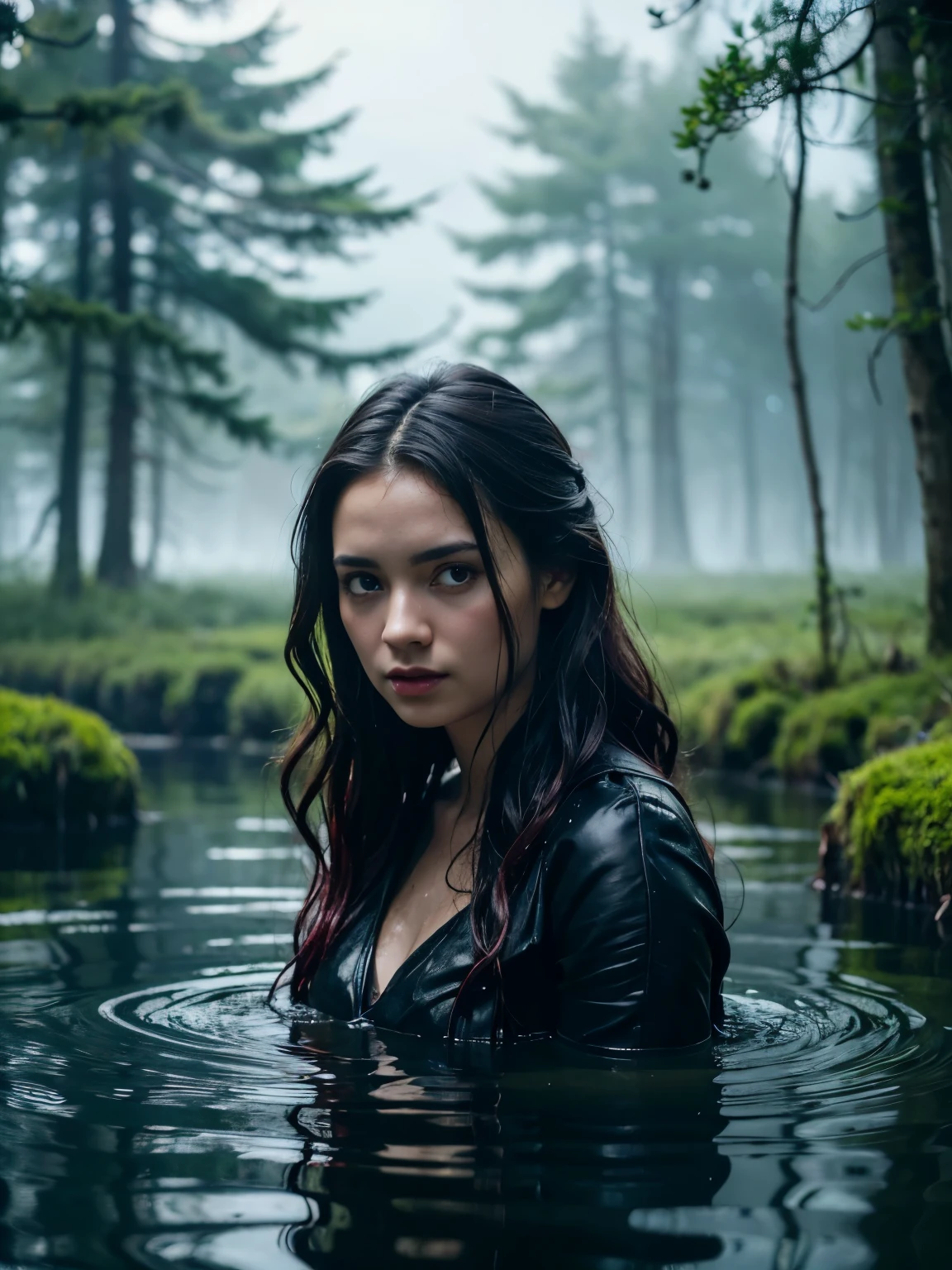 A  girl, drown in a swamp in a chest,illustartion, (Best Quality,4k,8K,hight resolution,Masterpiece:1.2),Ultra-detailed,(Realistic,photoRealistic,photo-Realistic:1.37),Horror,dark and gloomy atmosphere with dramatic lighting, Vivid colors, Foggy surroundings, the trees, covered with moss, detailed facial expression, long wavy hair floats in the water, Reflections on the surface of the water, Eerie fog.