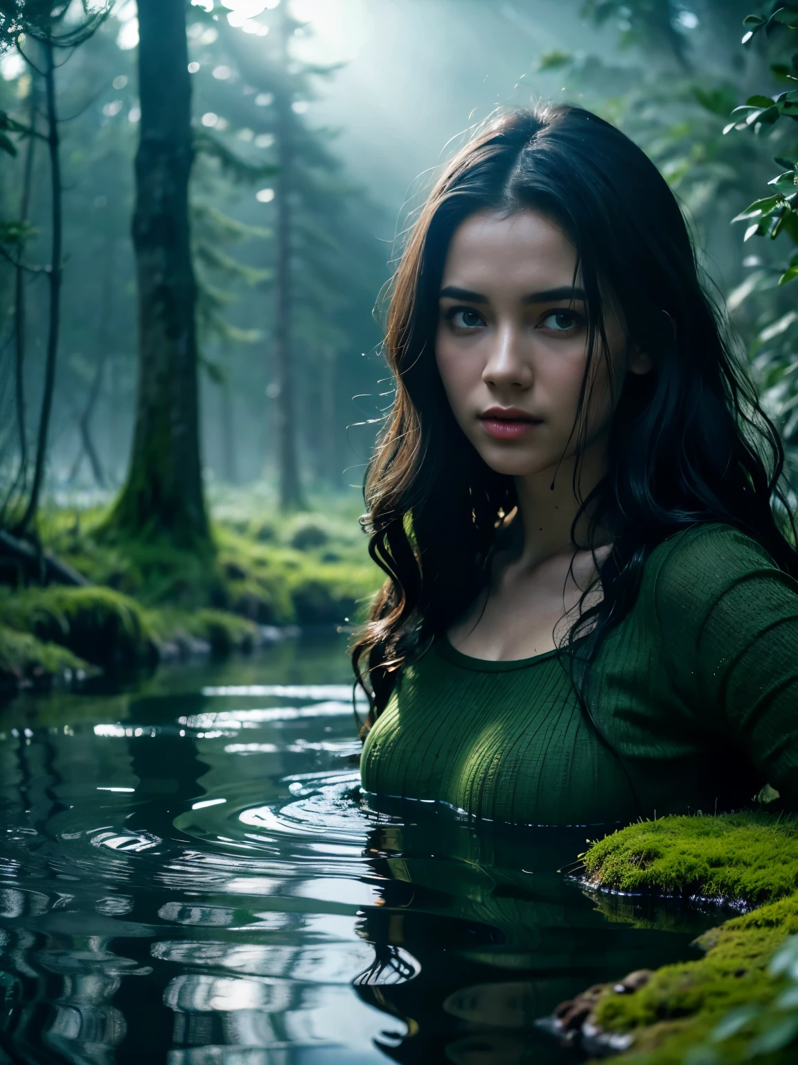A  girl, drown in a swamp in a chest,illustartion, (Best Quality,4k,8K,hight resolution,Masterpiece:1.2),Ultra-detailed,(Realistic,photoRealistic,photo-Realistic:1.37),Horror,dark and gloomy atmosphere with dramatic lighting, Vivid colors, Foggy surroundings, the trees, covered with moss, detailed facial expression, long wavy hair floats in the water, Reflections on the surface of the water, Eerie fog.