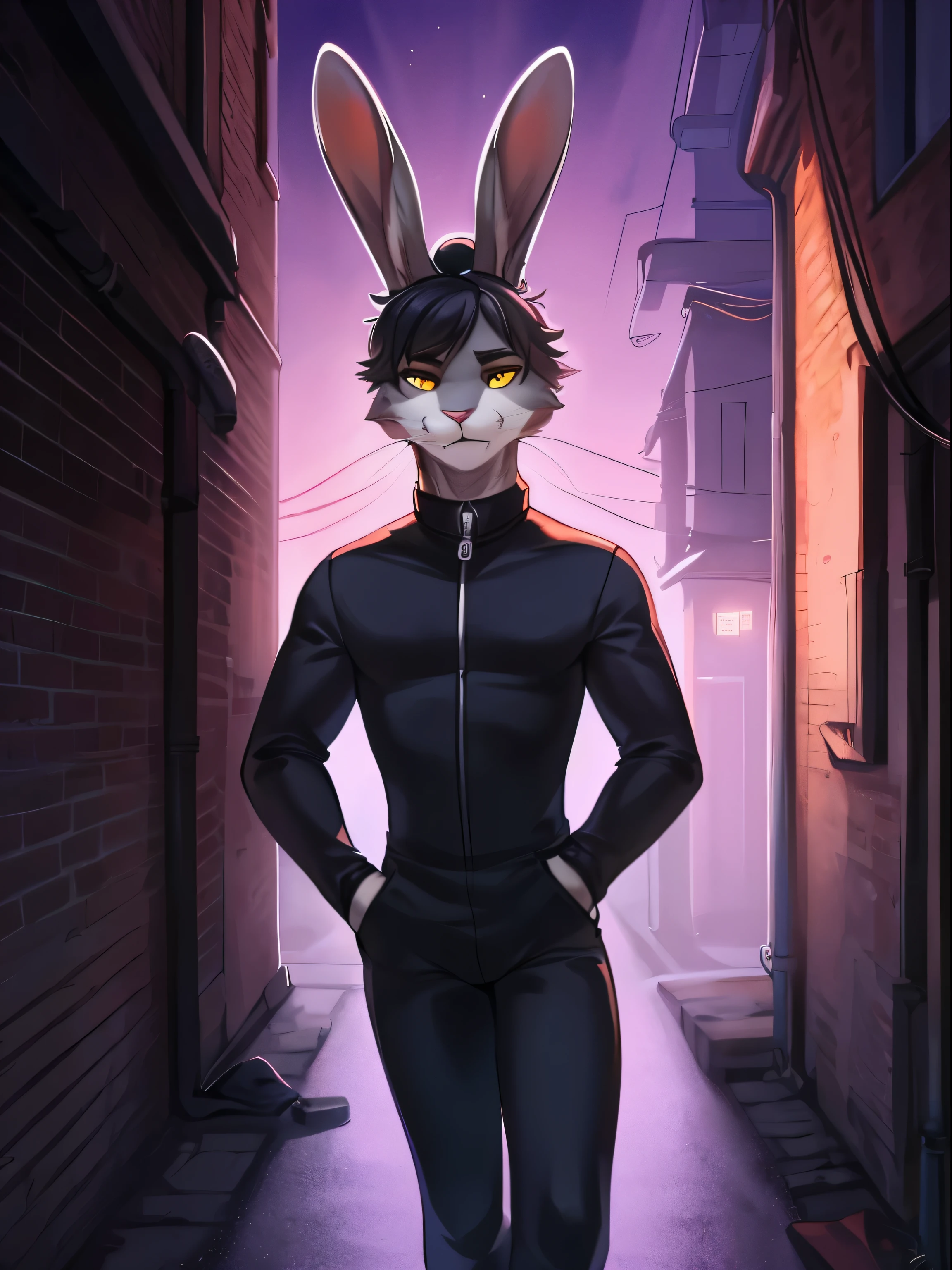 by spuydjeks, by danza, by bebebebebe, by lostgoose, solo, male, slim, weak, (rabbit, hare, snout, big rabbit ears), (((grey fur))), black hair, (updo, hair bun), (black bodysuit, long sleeves), yellow eyes, standing, alley, evening, purple sky, dramatic lighting, short, fullbody view, buck teeth, bent whiskers, bored expression, tired eyes, bags under eyes, stubbly, scratchy fur, short