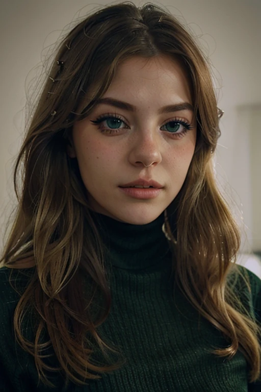 1 woman, ((blonde hair, green eyes, long eyelashes)), A stunning and intricate full color portrait of (SKS Woman:1), wearing a black turtleneck, epic character composition, By Ilya Kuvshinov, Bookmark position of Alessio Albi, Nina Masic, Sharp focus, Natural lighting, Subsurface dispersion, F2, 35mm, film grain, portrait photo of the face, detailed face, photo focused only on the face, close-up of the camera on the face
