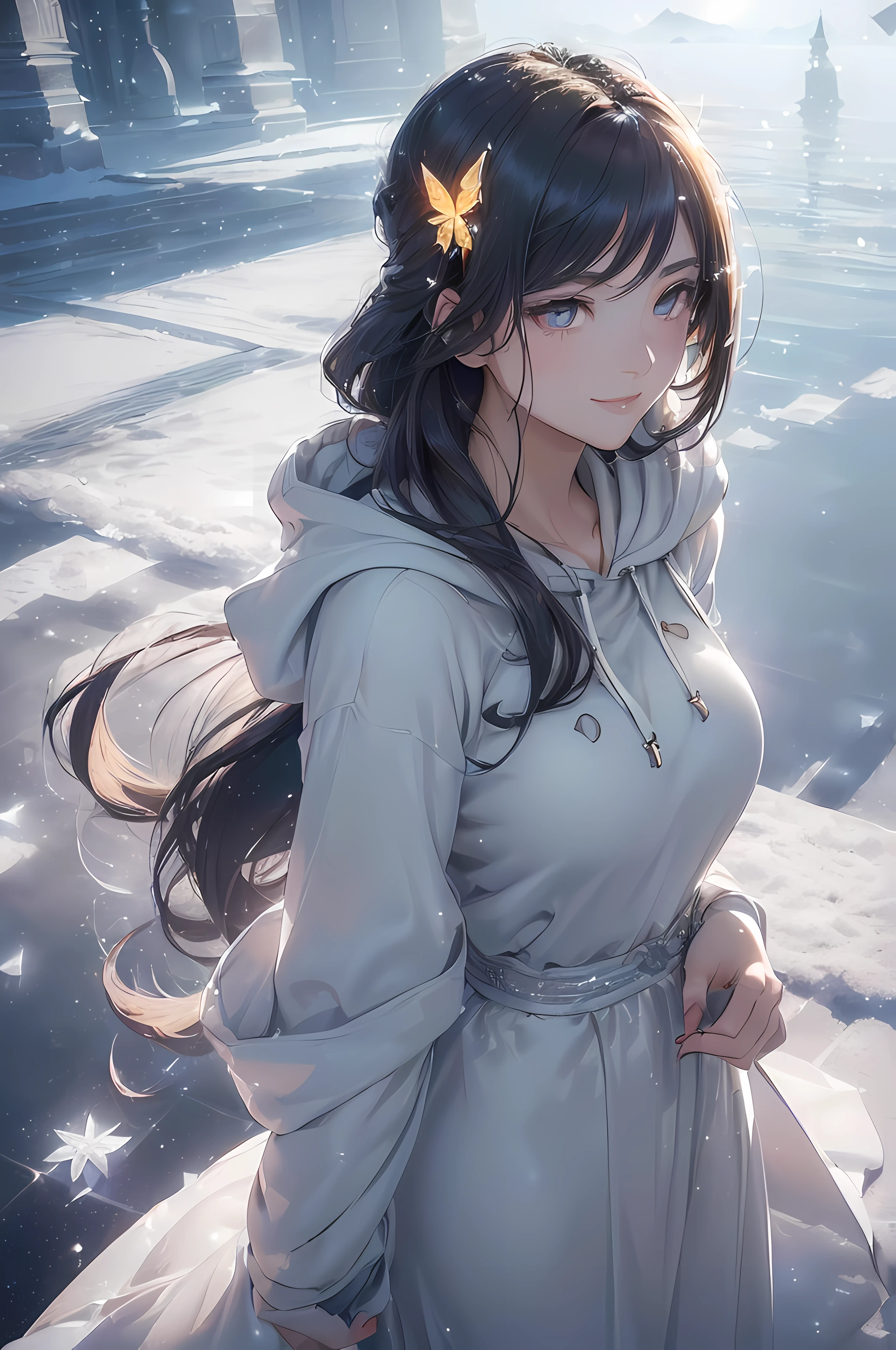 A beautiful woman, mysterious, ((((realistic oil art, 46-year-old Empress, mysterious vibe, lonely scene, vibrant look, (( mystery, mysterious, )), (( soft gray details, soft gray full dress hoodie)), 1girl, masterpiece, extremely detailed, (beautiful detailed glow), lens flare, red flare lens, moon flare, clouds, backlighting, (soft blue sky)
, light from behind, shadow on the figure, sparkling snow ,smile, laughter, standing in the distance, looking at the viewer, full-length
, elegance under the moon, hair ornament, movement motion, image look alive, perfect body figure, very big breast, very big ass, beautiful face, milf, royal, black color hair, silky hair, shining hair, shine eyes, golden eyes, ponytail long hair style, beautiful skin, Extremely details hair, fine details, cinematic lighting, beautiful lighting effect, creative design, full body frame, divine aura, hard harmony , moon light, perfect color transition, perfect balance of contrast, perfect color layer, perfectly smooth color blur, soft rendering, smooth color stroke, moon glare, optic lens, moonlight ray, soft colors, smooth colors blend, perfect color rendering, harmony, perfect color harmony, beautiful color, soft harmony, light particles, perfect details, intricate details, color prism, fine details, refine details, different view point, extremely details clothes))), Tachibana Omina art style, mysterious eyes gaze, half a smile, slightly open mouth, a mysterious expression on the face, mysterious scene under the shadow, snow flake floating around, shadow, calm, breeze and sunlight, sun, lake, reflection, in the background, butterflies in the sky, shining butterflies, realism, ((Best quality))),8k,((Masterpiece)),(Extremely refined and beautiful)