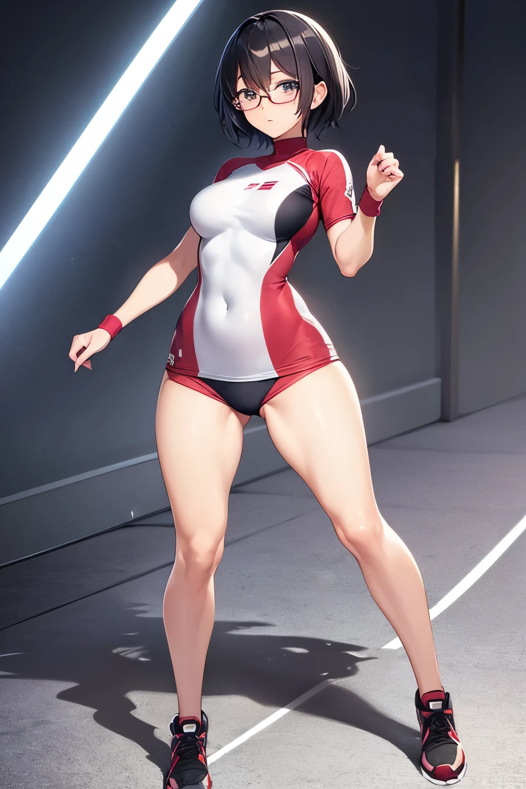anime style, (((full body))), 1 girl , rikujou, (athlete suit), (beautiful face), detailed beautiful skin, black hair, short hair, glasses