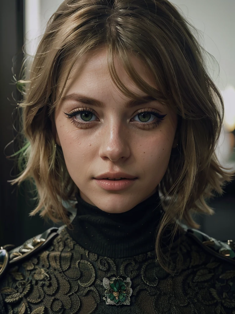 1 woman, ((blonde hair, green eyes, long eyelashes)), A stunning and intricate full color portrait of (SKS Woman:1), wearing a black turtleneck, epic character composition, By Ilya Kuvshinov, Bookmark position of Alessio Albi, Nina Masic, Sharp focus, Natural lighting, Subsurface dispersion, F2, 35mm, film grain, portrait photo of the face, detailed face, photo focused only on the face, close-up of the camera on the face