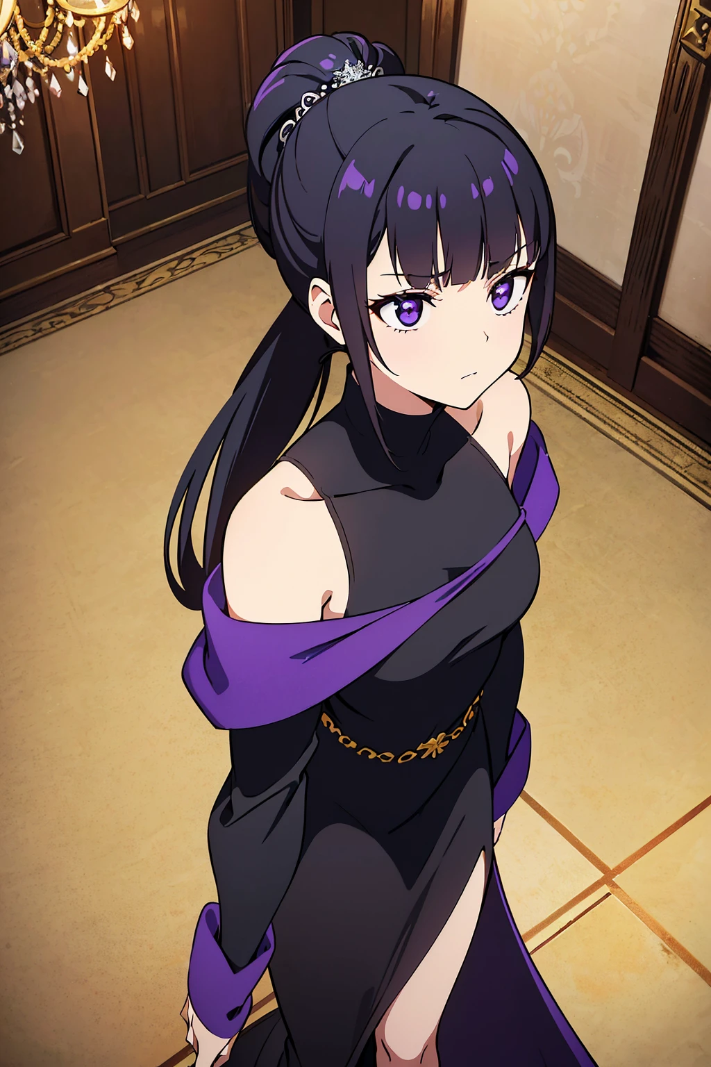 (best quality), high resolution, ((masterpiece)), 4k, portrait, ((from above)), (upper body), ((1girl)), (((detailed black hair tied in low ponytail))), ((((hime cut hairstyle)))), (snowflake_hairclip), ((bright violet eyes)), slim figure, (small breasts), long legs, ((narrow eyes)), (((wearing black aristocratic off shoulder dress with purple accents and ornaments))), (opera gloves), (amethyst accessories), stoic, cool, elegant, (walking down stairs), red carpet, chandelier, castle ballroom background