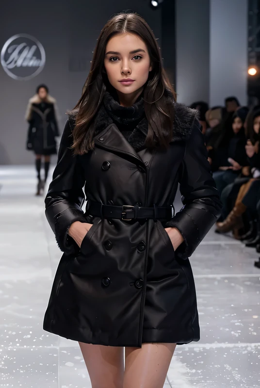 On an icy catwalk, the brunette fashionista commands attention in a winter-inspired ensemble, her hazel eyes gleaming with confidence. The medium shot, skillfully taken with a Fujifilm XT3 and Nikon D850 using film stock aesthetics, captures her dynamic pose and the essence of runway glamour. The f1.6 lens emphasizes the intricate details of her outfit, and the ruddy skin adds a touch of warmth to the frosty fashion showcase. Snowflakes swirl around her, creating a mesmerizing winter fashion tableau., masterpiece, anatomically correct