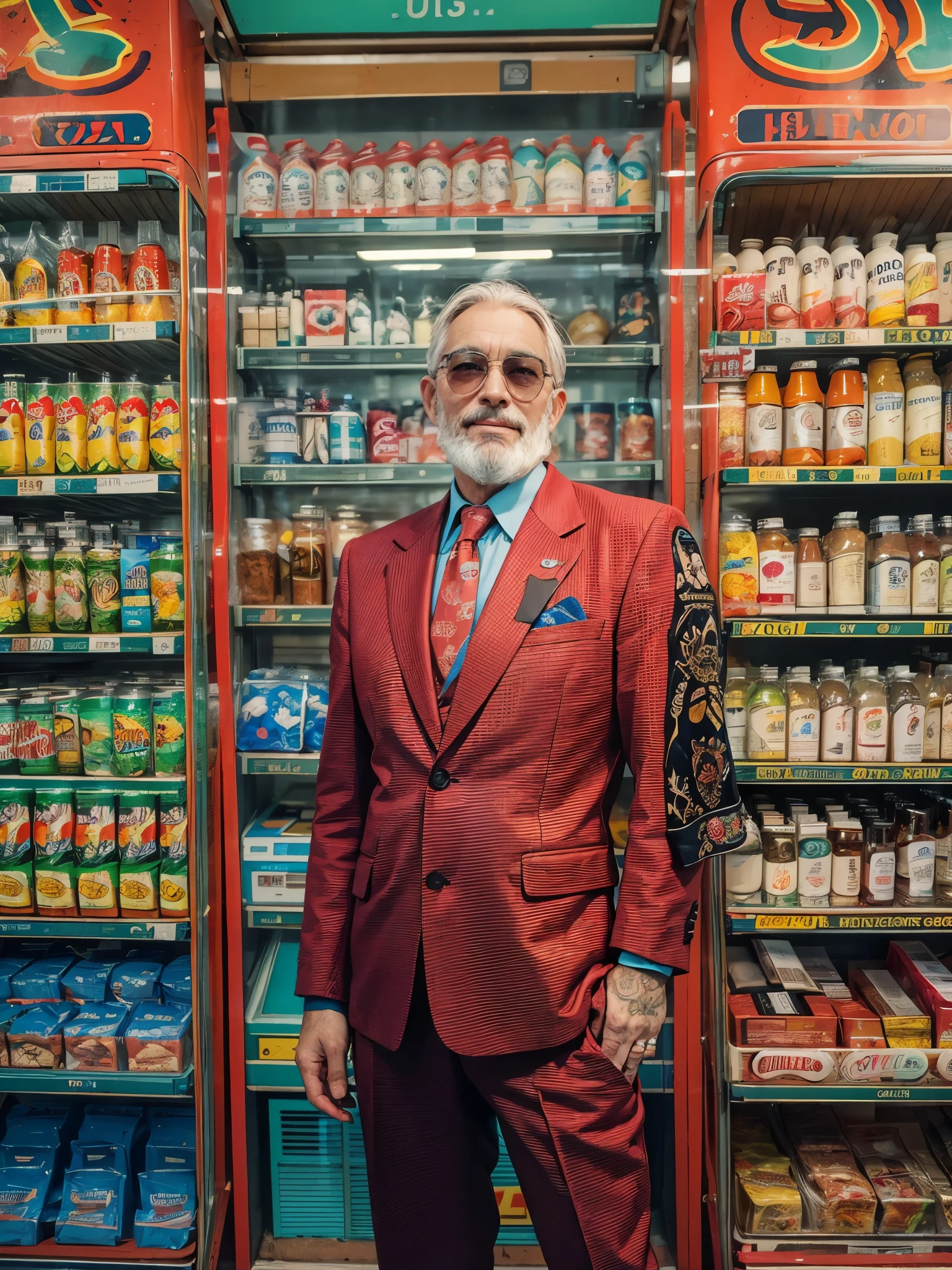 analogue fashion photo shot of mature handsome man with short silver hair, 70 years old, beard, tattoos, in a 1950 cuban supermarket, ((neon lights red and blue lights)), ((high fashion suit)), sunglasses, model poseullbody shot))), (little smile:1.3), masterpiece, eye level, Kodak Funsaver, Porta 160, 20mm, bokeh, in the style of Nan Goldin, textured, distressed, ((vintage)), edgy, noisy, high contrast