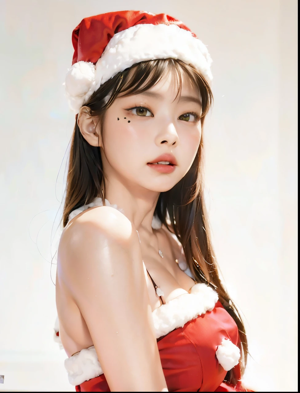 A closeup of a woman wearing a Santa hat and a red dress, Lalisa Manobal, ulzzang, Lalisa Manoban de Blackpink, Kim Doyoung, Hermosa Delphine, Parque Ji-min, Sakimichan, Jaeyeon Nam, con flequillo completo, Heonhwa Choe, Usando sombrero de Santa Claus, Sun Yunjoo