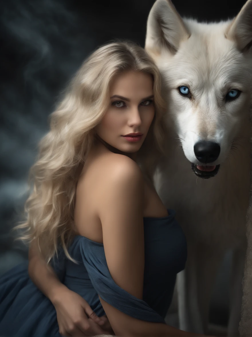 (tmasterpiece), (topquality), (more detailed), (8K), (电影灯光), (sharp-focus), (Precise Anatomy), (photo realism:1.5), (Fantasy art), Beautiful woman and white wolf, handsome girl, raised by a white wolf, next to the wolf, The wolf approaches the viewer with a kind muzzle, wolf blue eyes, Eyes sparkle, Meeting face to face, A  girl с красивым лицом, A very young girl), ((A  girl  лет)) lips ajar, blonde goddess, (NSFirl without clothes, A  girl, naked ass, blue eyes, Detailed Face, Happy Look, perfectly proportional breasts, big breastes, skinny waist, bellybutton, large tities , thights, blond hair, blonde woman, hairlong, silver case design, Silver sandals, silver stockings, Wolves have a large body, ferocious, (Correct anatomy), (A sense of speed:0.8), (Background mixture:0.8), (Windy storms:1.1), dramatic  lighting, thick fog, Fog of the Abyss, universe, Orion Nebula, star universe, Very bright morning sunlight,