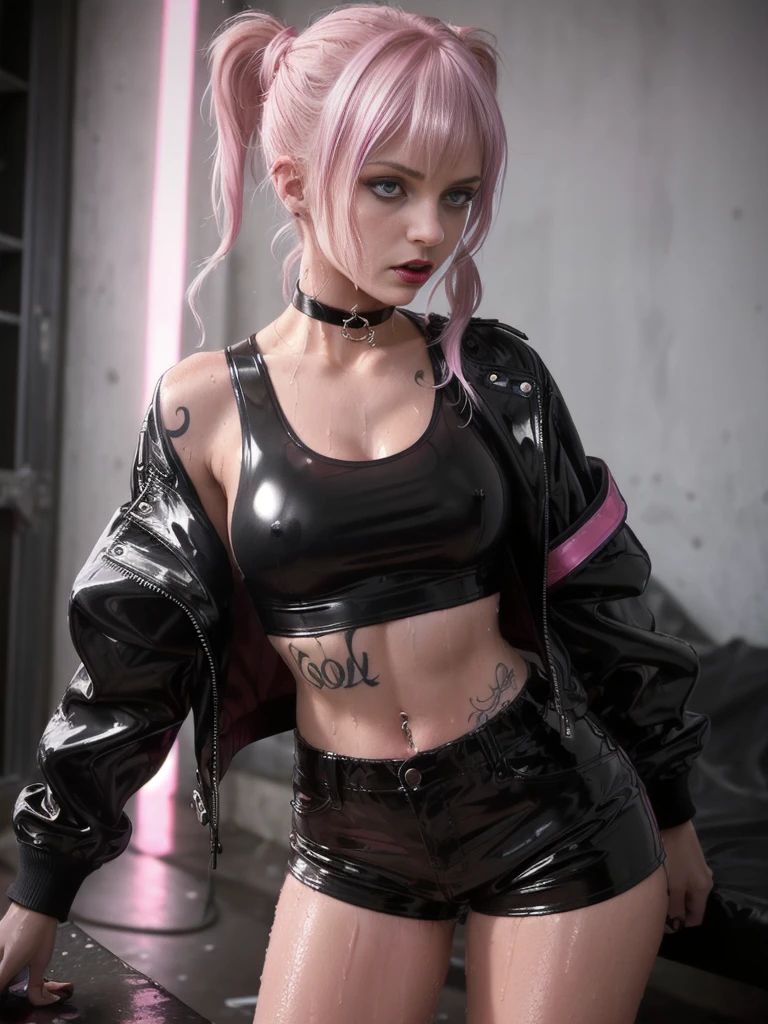 рыжая Girl from Europe (Evil and gloomy)), hairsh (tail, Длинная короткая блестящая latex jacket Bangtra, leather shorts, Latex jacket very short, Choker, black tank top, wet clothing, SFW, A lot of blood, a lot of tattoos on the body,There is one girl in the frame, Dark and gloomy atmosphere, Realistic light, sporty figure, Sweat runs down the body, Medium-sized breasts of a seductive punk-gothic girl, latex jacket, latex shorts, Choker, wet thin tank top, розовые и белые hairsh, Long bangs, pigtails, black lips, pouty lips, Medium GRD, Athletic body, athletic toned butt, Girl from Europe, lots of tattoos, Not a model, Street , Dark atmosphere, The skin is shiny with sweat, Gloomy room, twilight,  takes off his panties, hairsh на лобке, opens his chest, protruding 
