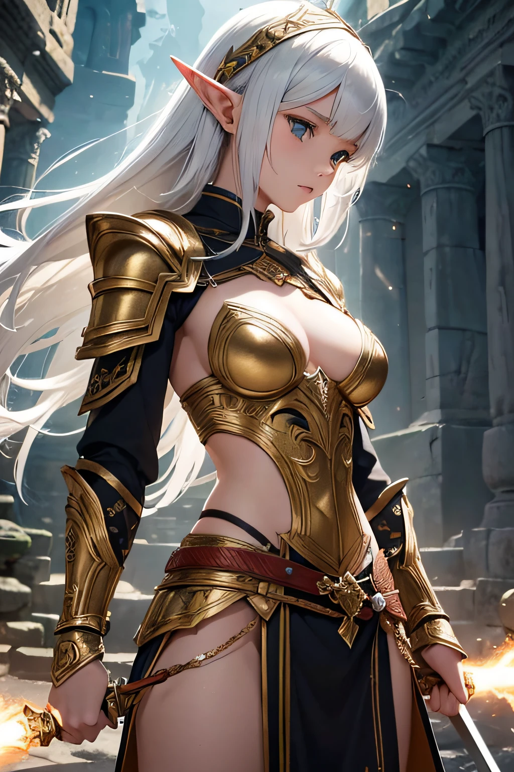 young teen girl, ancient elf warrior, long pointy ears, dark skin, white hair, short pointy haircut, ancient elf armor and accesories, wielding a sword, highly detailed, vibrant appearance, creative behavior, extremly detailed, imaginative, sensual, spontaneous, highest quality, skin texture, intricate details, (cinematic lighting), RAW photo, 8k, masterpiece,best quality,ultra-detailed,very detailed illustrations,extremely detailed,intricate details,highres,super complex details,extremely detailed 8k cg wallpaper,