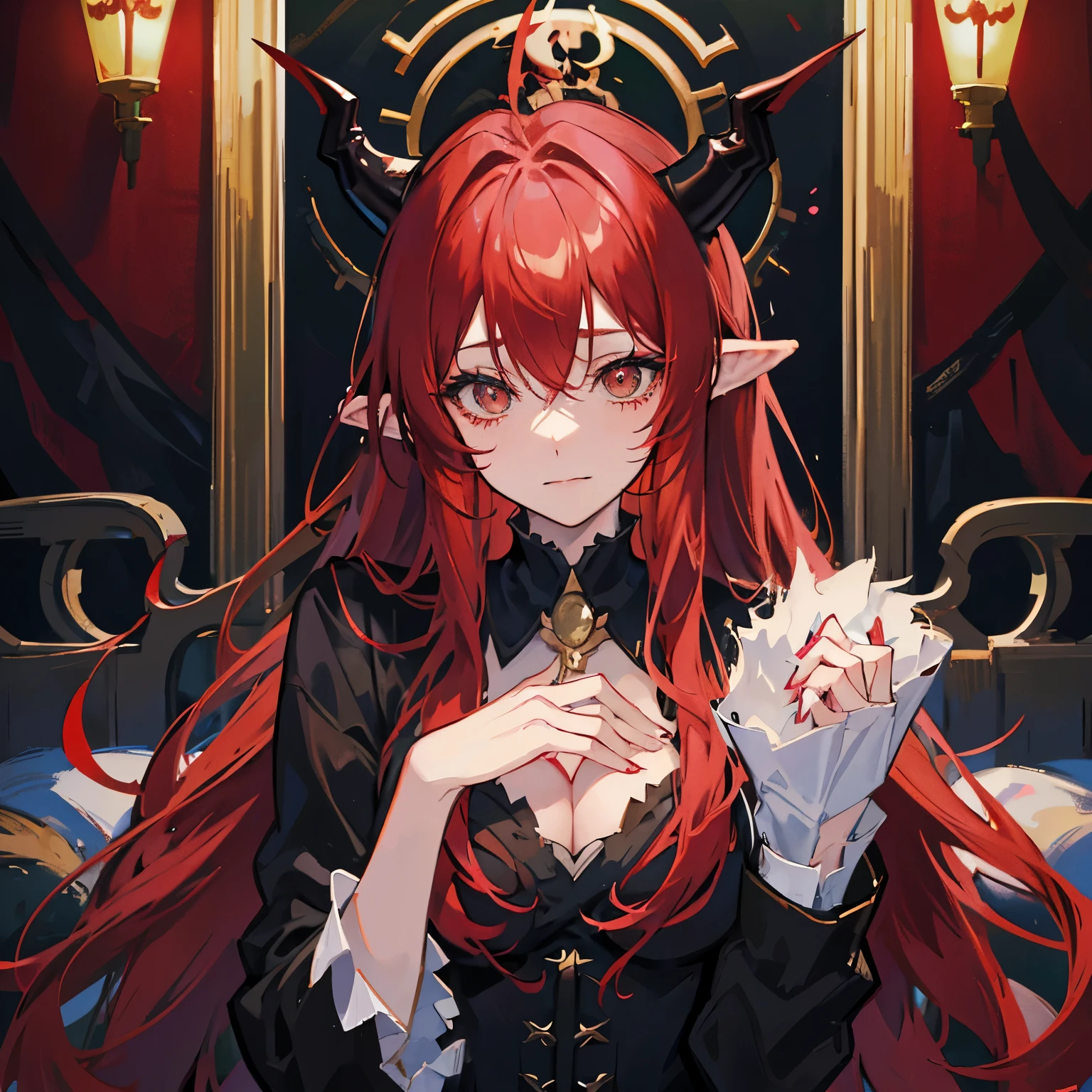 anime girl with red hair and horns in a black suit, hazel green eyes, demon anime girl, with horns, portrait of demon girl, demon girl, tiefling, portrait of a female demon, mika kurai demon, dnd portrait of a tiefling, [[[[grinning evily]]]], girl design lush horns, portrait demon half human, devilish