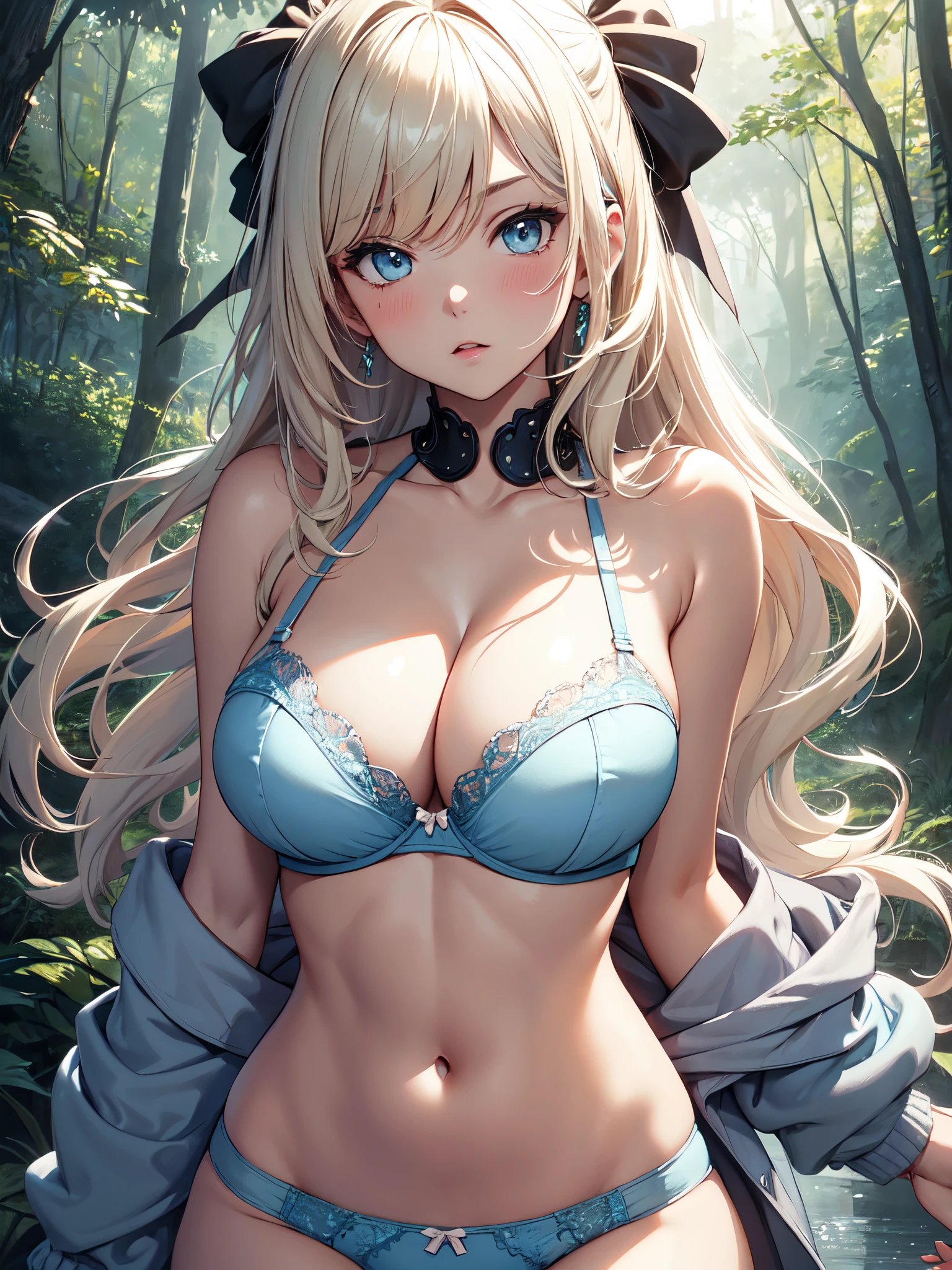 ((masterpiece)), ((best quality)), (ultra-detailed), ((cinematic light)), ((extremely detailed)), (8K), best quality, (beautiful), anime style, (upper body), cute girl, 1girl, solo, (blush), :o ((light blue bra)), (light blue panties), beautiful blonde hair, (navel), (blue eyes), white-skinned, long hair, parted bangs, ((huge breasts)), (cleavage), (bare shoulders, bare arms, bare legs)), nipple tips protruding, forest