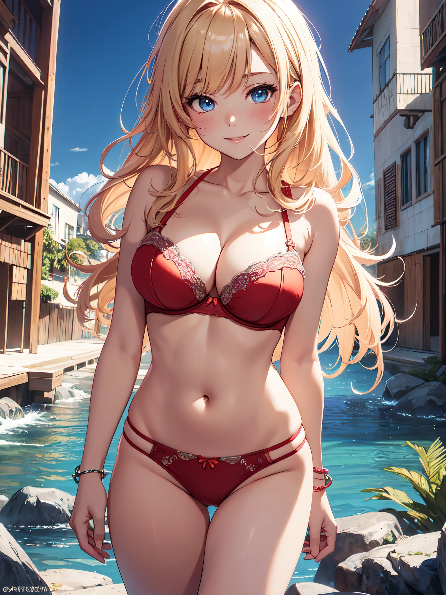 ((masterpiece)), ((best quality)), (ultra-detailed), (kawaii), ((cinematic light)), ((extremely detailed)), (8K), best quality, (beautiful), anime style, (upper body), cute girl, 1girl, solo, happy smile, (blush), ((red bra)), (red panties), beautiful blonde hair, (navel), (blue eyes), white-skinned, long hair, parted bangs, (huge breasts), (cleavage), (bare shoulders, bare arms, bare legs)), nipple tips protruding, landscape