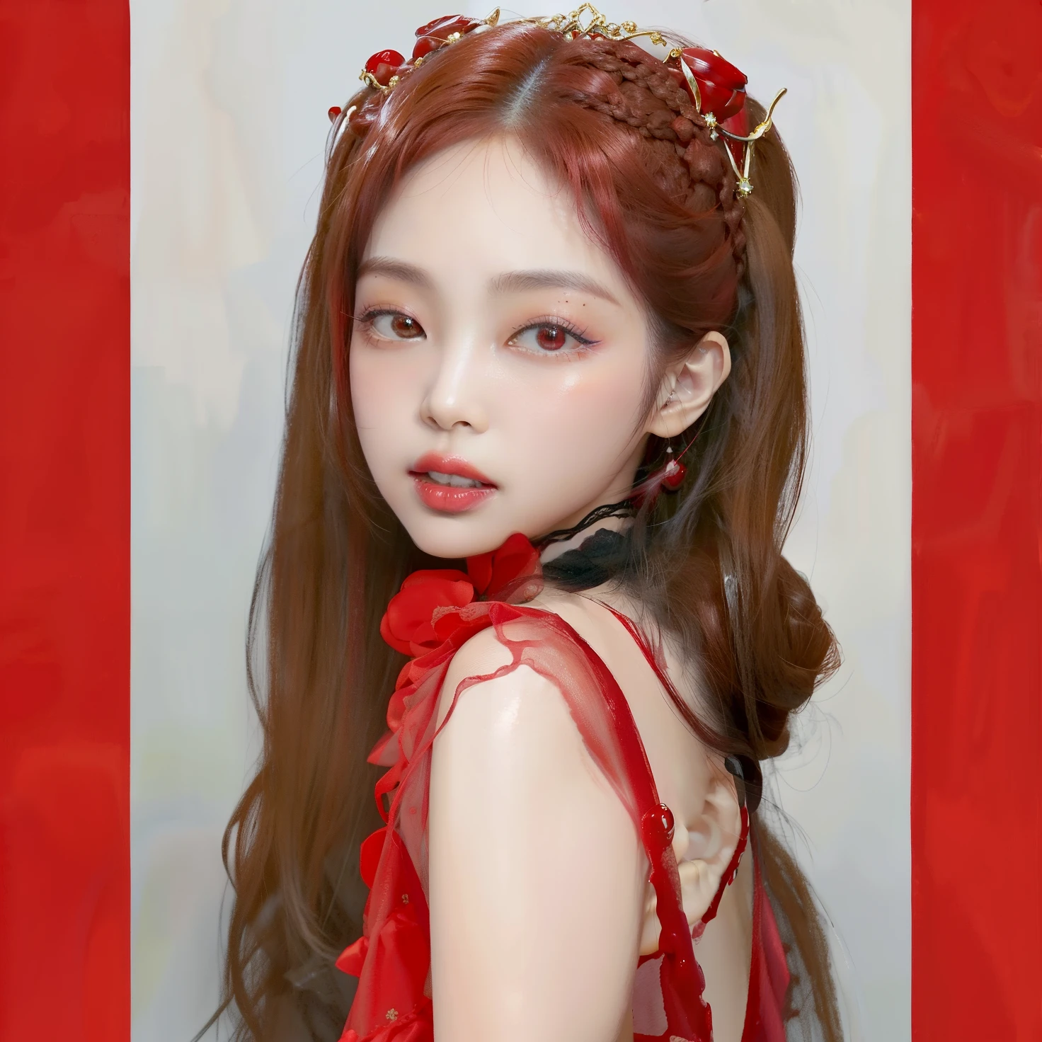 Imagen arafed de una mujer con un vestido rojo y un lazo., maquillaje popular de Corea del Sur, maquillaje coreano popular, ulzzang, lazo rojo en el cabello, pale red, light-labios rojos, small and thick labios rojos, faint labios rojos, labios rojostick on face, labios rojos, Peinado twintails, Sakimichan, Cinta roja para el cabello, color rojo